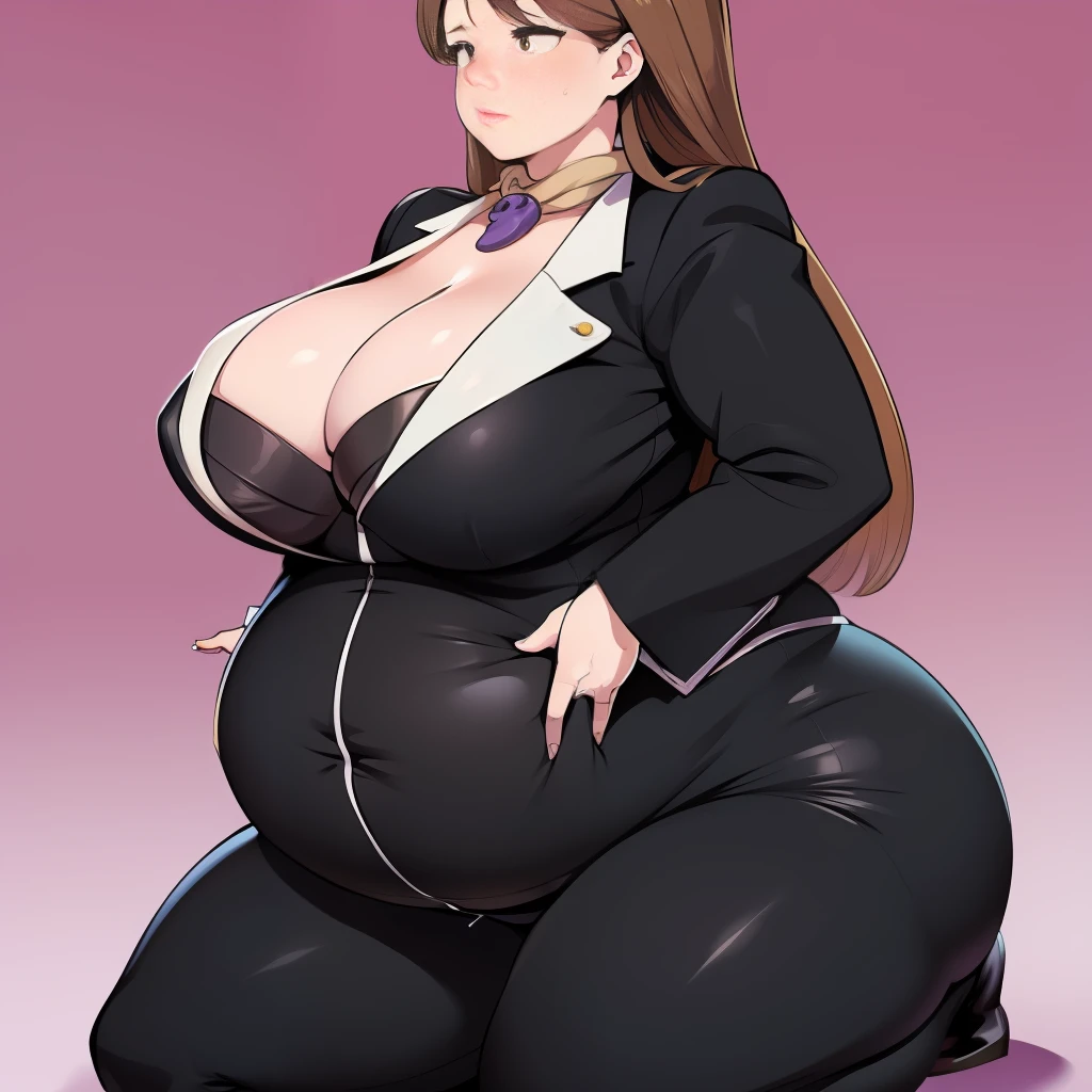 cartoon of a obese Mia fey in a tight black button up suit, she has a jiggly fat round belly, insanely inflated hips, thicc, her belly is fat and round, big belly, fat woman, cell shaded!!!, obese ), extremely plump, full body portrait of a short!, obese, body swelling about to explode, cell shaded!!!, oppai, bbwchan, insanely inflated belly, belly hanging past thighs onto knees, belly is over 500 pounds, standing up in court