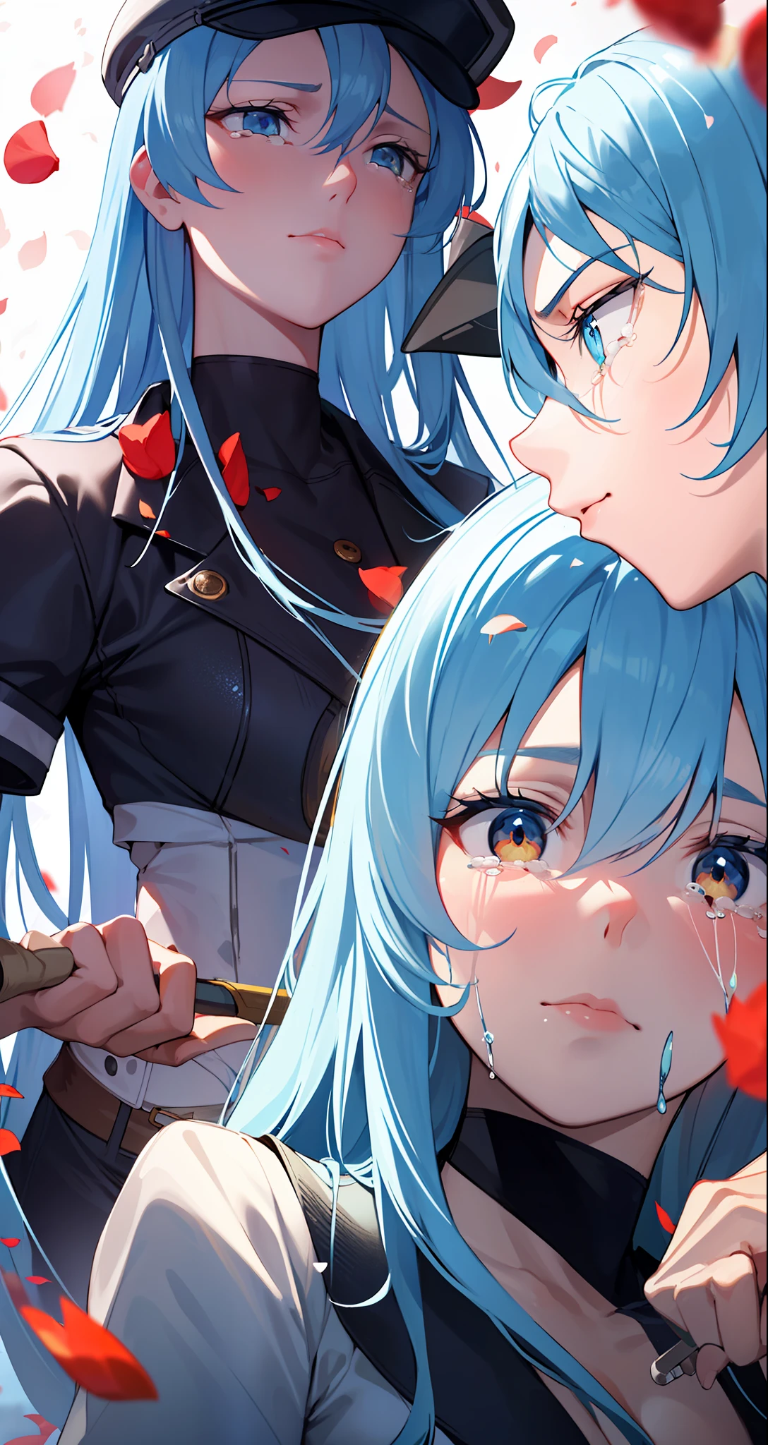 (masterpiece), (best quality),highres, ultra detailed, professional lighting, esdeath, esdeath outfit, front view, tearful eyes, sad, tilted head, looking away, crying, falling petals, upper body, cheeks turning red, depressed look