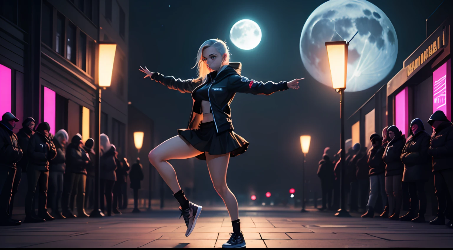 masterpiece, very detailed, beautiful girl, fully clothed, full body, dancing, in the dark, cyberpunk, exterior, moon in the background --auto