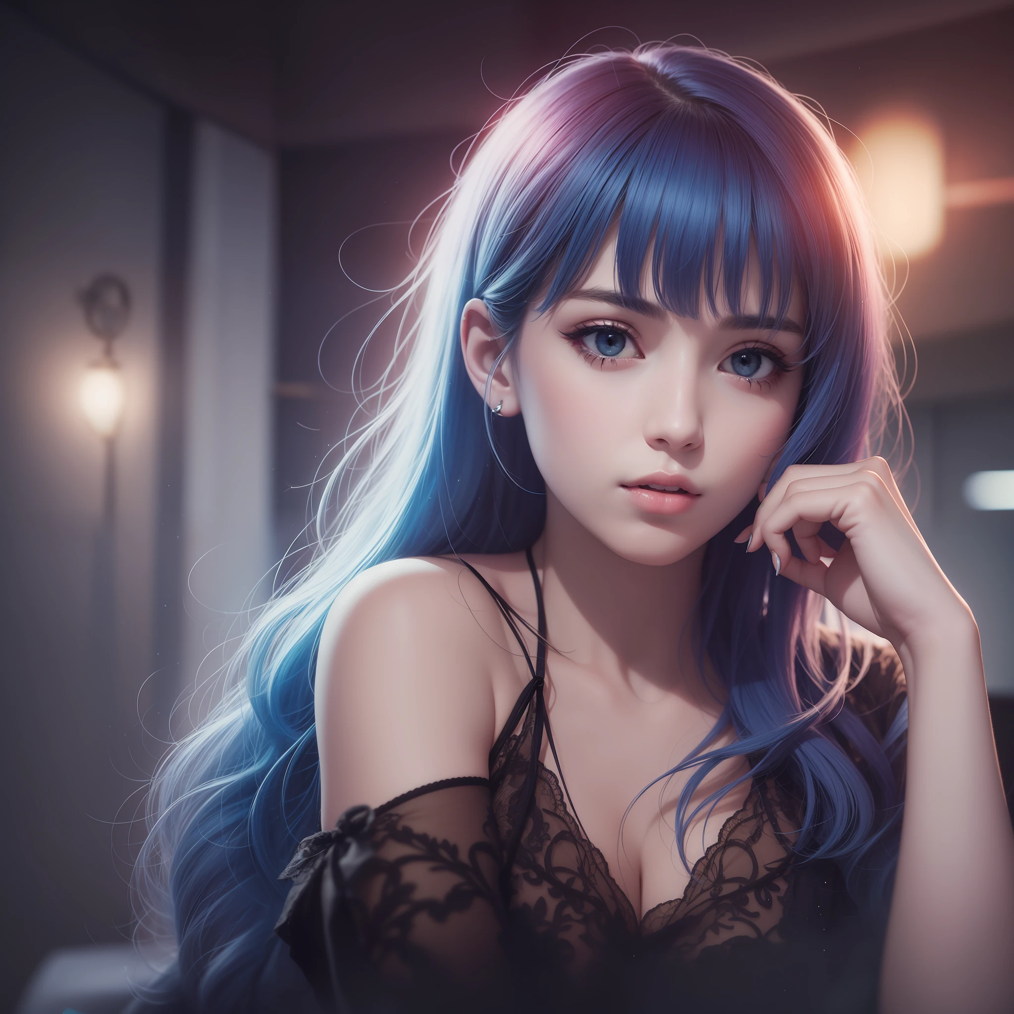 A woman, blue light, in the style of BlueAP