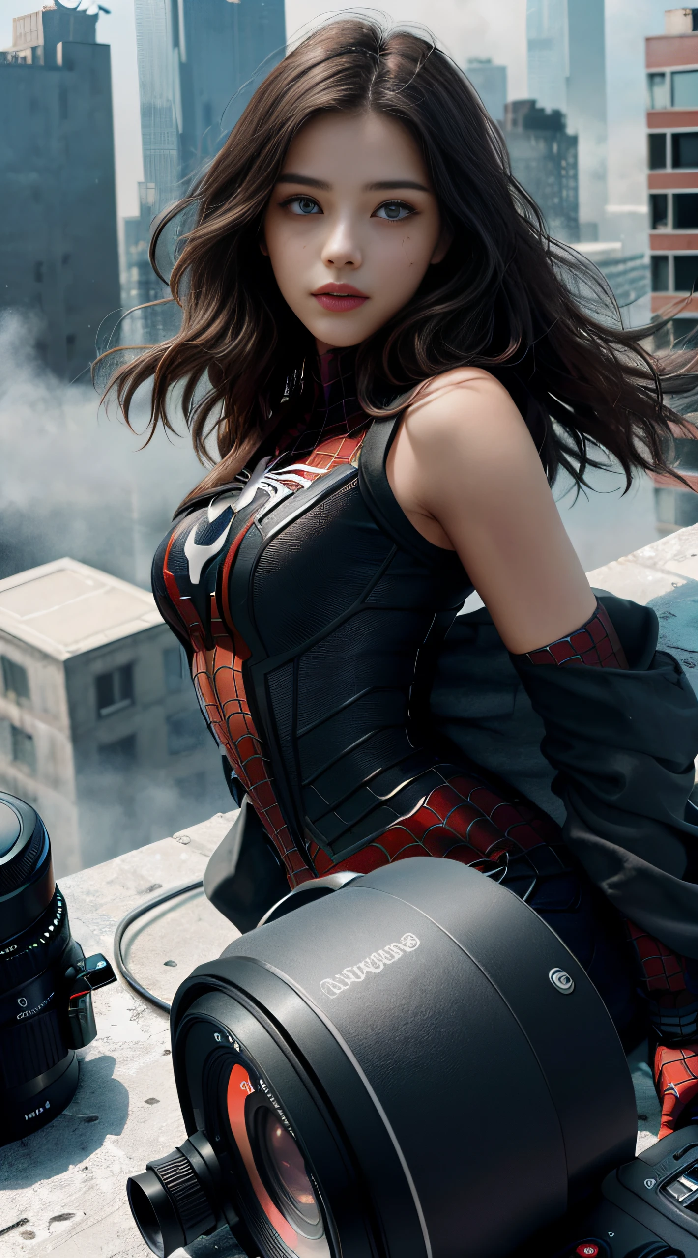 (1girl:1.3), solo, ((very detailed face)))), ((very detailed eyes and face)))), beautiful detail eyes, body parts__, official art, unified 8k wallpaper, super detailed, beautiful and beautiful, beautiful, masterpiece, best quality, original, masterpiece, super fine photo, best quality, super high resolution, realistic realism, sunlight, full body portrait, amazing beauty, sexy pose, delicate face, vibrant eyes, (from the front), She is wearing a Spider-Man suit, red and black color scheme, spider, very detailed city roof background, rooftop, overlooking the city, detailed face, detailed complex busy background, messy, gorgeous, milky white, highly detailed skin, realistic skin details, visible pores, clear focus, volumetric fog, 8k uhd, DSLR camera, high quality, film grain, fair skin, photo realism, lomography, future dystopian megalopolis,