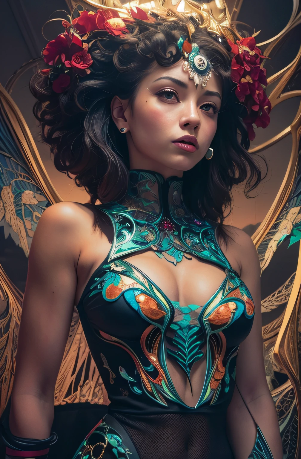 complex  ultra detailed beautiful death angel, biomechanical cyborg, analog 150 mm lens, beautiful natural soft rim light, crystal feathers, roots, fine foliage lace, colorful details, Boris Bidjan Saberi outfit, pearl earrings, piercing, art nouveau fashion embroidered, intricate details, mesh wire, mandelbrot fractal, facial muscles, cable wires, microchip, badass, hyper realistic, ultra detailed, octane render, volumetric lighting, 8k post-production, red and white with a bit of black, detailled metalic bones, semi human, iridescent colors, Glenn Brown style, futuristic room, power of the god, high-angle shot, complex body poses