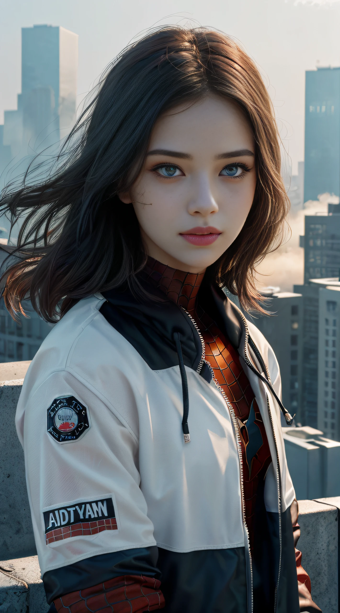 (1girl:1.3), solo, ((very detailed face)))), ((very detailed eyes and face)))), beautiful detail eyes, body parts__, official art, unified 8k wallpaper, super detailed, beautiful and beautiful, beautiful, masterpiece, best quality, original, masterpiece, super fine photo, best quality, super high resolution, realistic realism, sunlight, full body portrait, amazing beauty, sexy pose, delicate face, vibrant eyes, (from the front), She is wearing a Spider-Man suit, red and black color scheme, spider, very detailed city roof background, rooftop, overlooking the city, detailed face, detailed complex busy background, messy, gorgeous, milky white, highly detailed skin, realistic skin details, visible pores, clear focus, volumetric fog, 8k uhd, DSLR camera, high quality, film grain, fair skin, photo realism, lomography, future dystopian megalopolis,