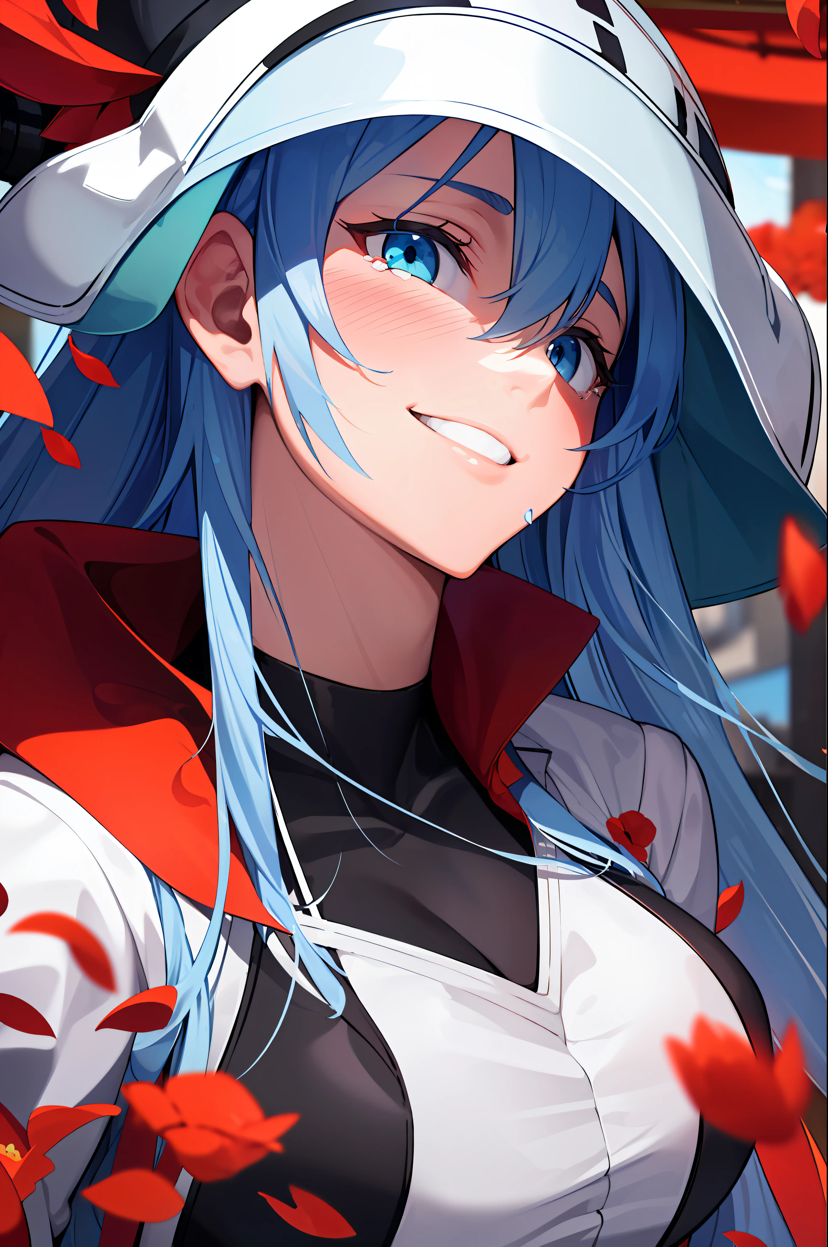 (masterpiece), (best quality),highres, ultra detailed, professional lighting, esdeath, esdeath outfit, front view, tearful eyes, smile, tilted head, eyes focused on viewer,, falling petals, upper body