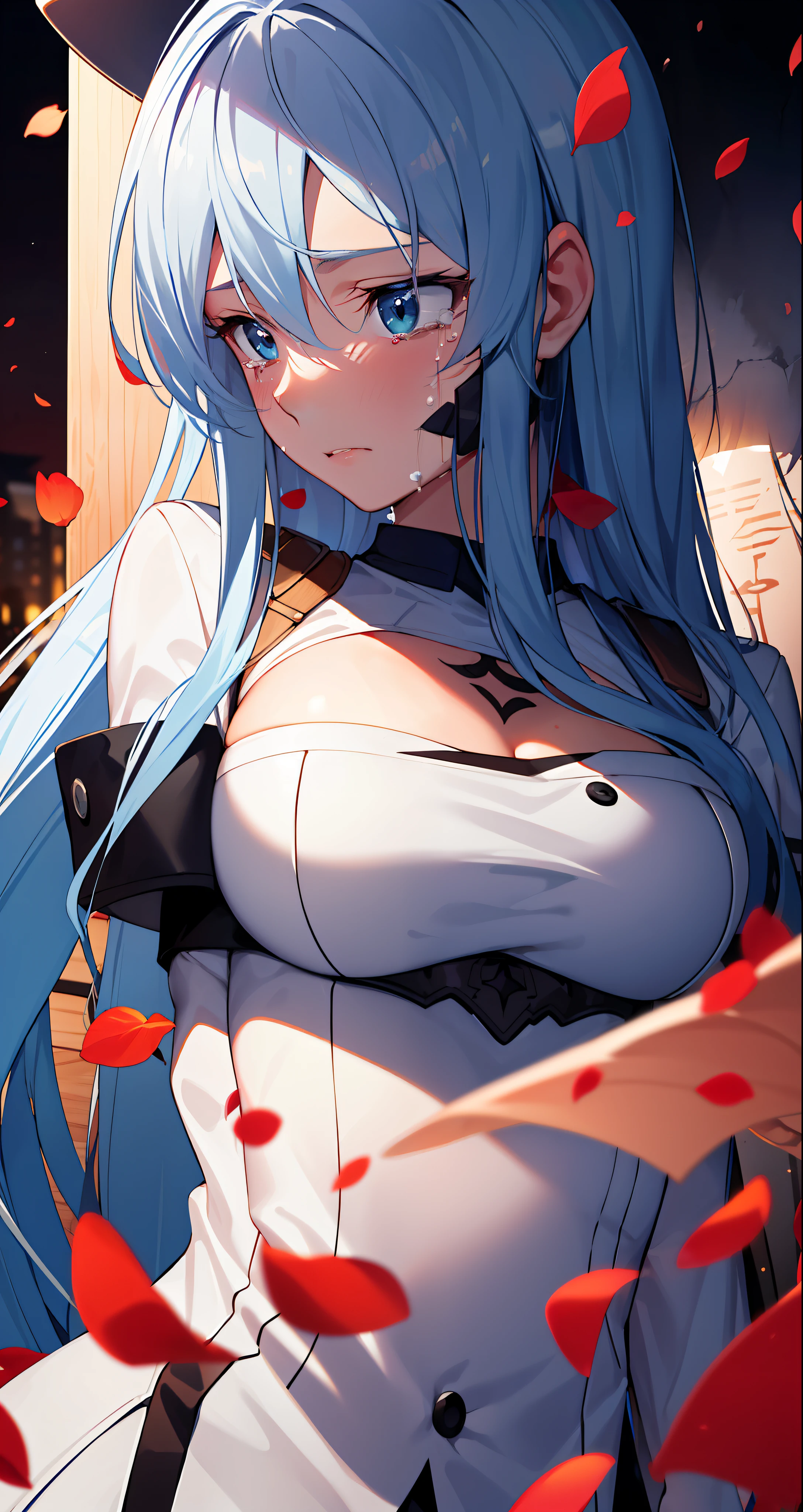 (masterpiece), (best quality),highres, ultra detailed, professional lighting, esdeath, esdeath outfit, front view, tearful eyes, sad, tilted head, looking away, crying, falling petals, upper body, cheeks turning red, depressed look