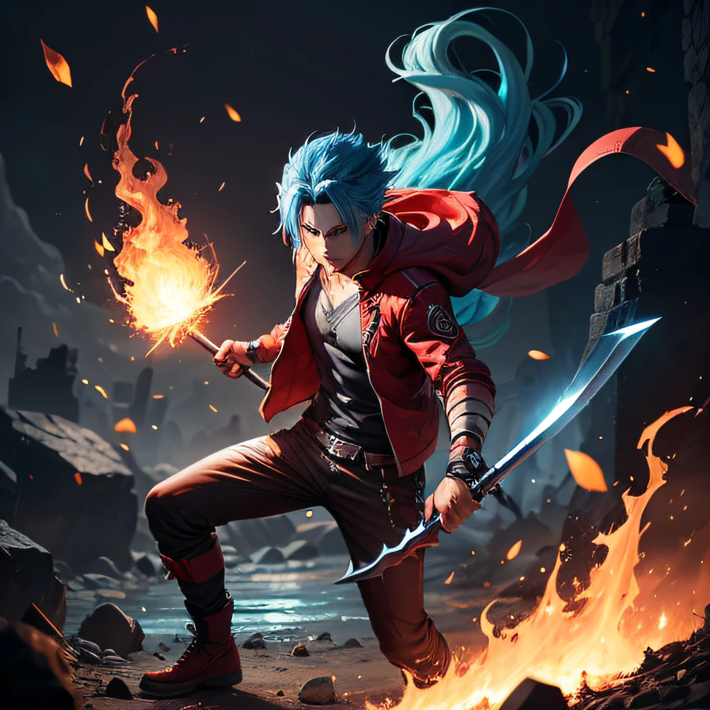 anime character with blue hair and red jacket with red pants, fire!! full body, badass 8k anime, fire aura, official art, cute guy in demon slayer art, fire powers, an epic anime of an energy man, purple fire powers, 8k!, best anime character design, high quality anime art, advanced digital anime art, official character art with a green scythe on the back and two daggers in the hand --auto