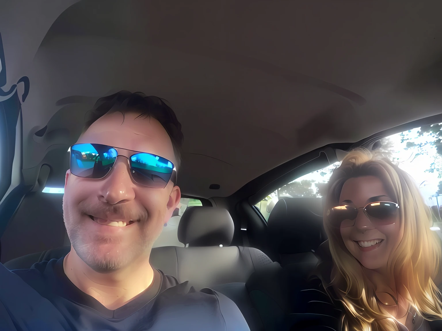 they are in the car with the man and woman in the back seat, riding on the road, 4 5 yo, driving, road trip, profile image, happy!!!, viewed through the cars window, on a road, car shot, back to us, carpool karaoke, profile pic, both smiling for the camera, very silly looking, driving a car, selfie