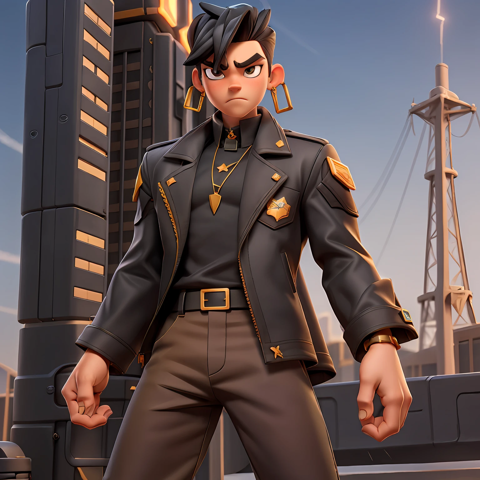 androgen boy with "long straight black hair", golden earrings, wearing "military shirt and jacket", black pants, thick eyebrows, hot desert, electric rays, fantasy, high voltage