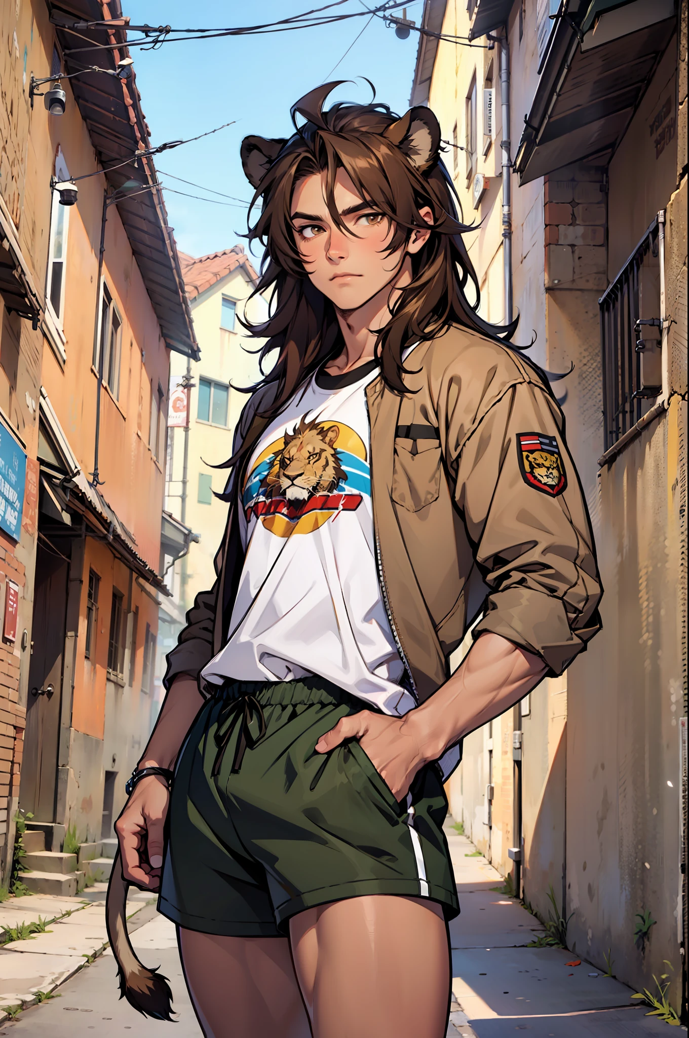 A boy, long brown hair, bright brown eyes, brown shirt and shorts, lion's ears and lion's tail