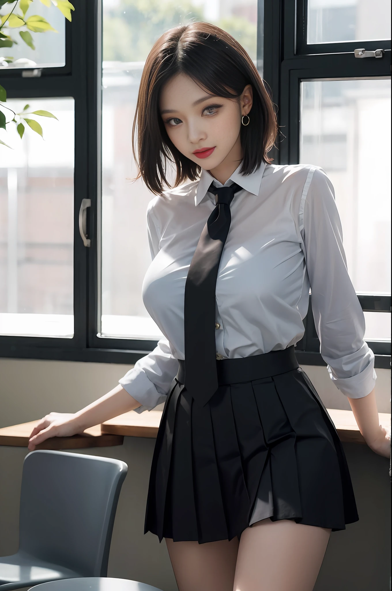 8K RAW photo, high resolution, 21 year old cool Korean, big round breasts, school uniform, tie, tie ribbon, blazer, skirt, beautiful eyes in detail, long eyelashes, beautiful double eyelids, eye shadow, slit eyes, sanpaku eyes, dark eye makeup, evil smile, beautiful thin legs, short hair gathered at the back, earrings, school classroom