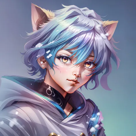 0.7>,anime boy,snow,(male),jacket,diamond,multicolored hair,multicolored eyes,cat ears on top of head