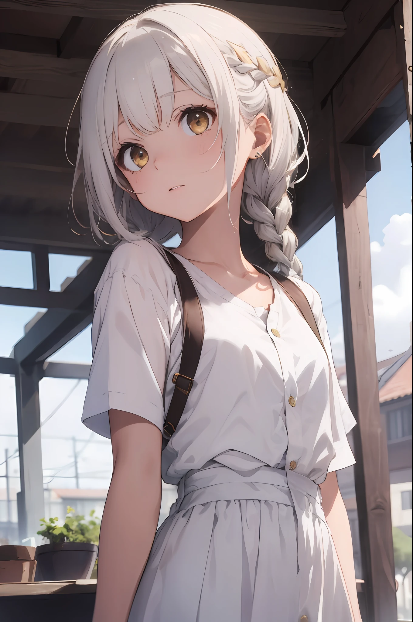 best quality, masterpiece,white hair, gold eyes,white clothes, looking up, upper body,hair strand,Fair skin,side braids