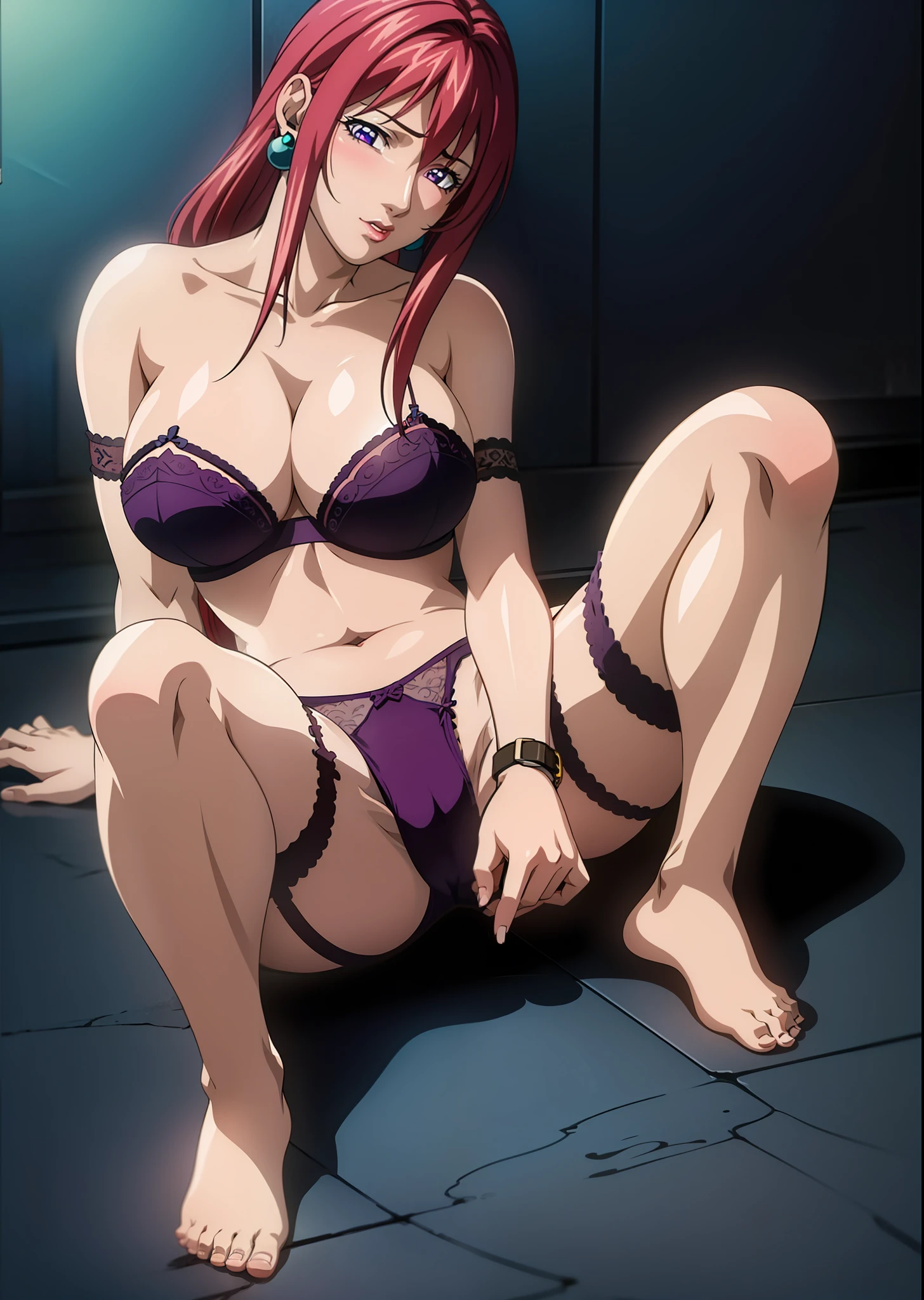 (Top Quality, Super Detail, Anime Images, Game CG, Art CG, Photorealistic, Movie Lighting, Perfect Shadows, Realistic Lighting Shading, Unity8k Wallpaper), Hiroko Takashiro, Red Hair, Nude, Big Breasts, Long Hair, Mature Woman, (Purple Eyes), Perfect Eyes, Perfect Face, Earrings, (Black Thighs, Purple Garter Belt: 1.1), Bible Black Style, Vulgarityblush, nose, watch viewer, sexy pose