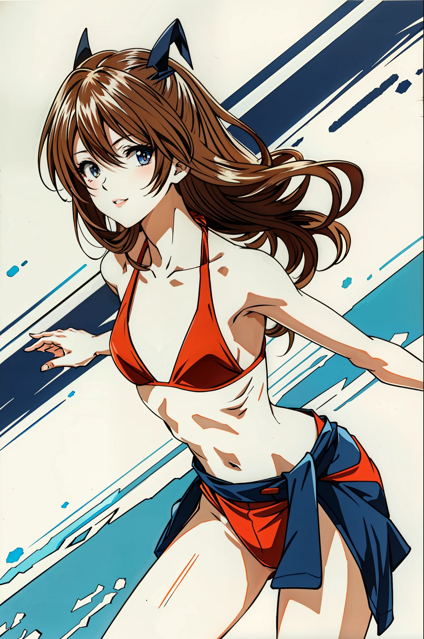 Full body portrait photo, beautiful anorexic Asuka Langley, very skinny in bikini, visible bones and ribs, small breasts, very small waist, beautiful face.