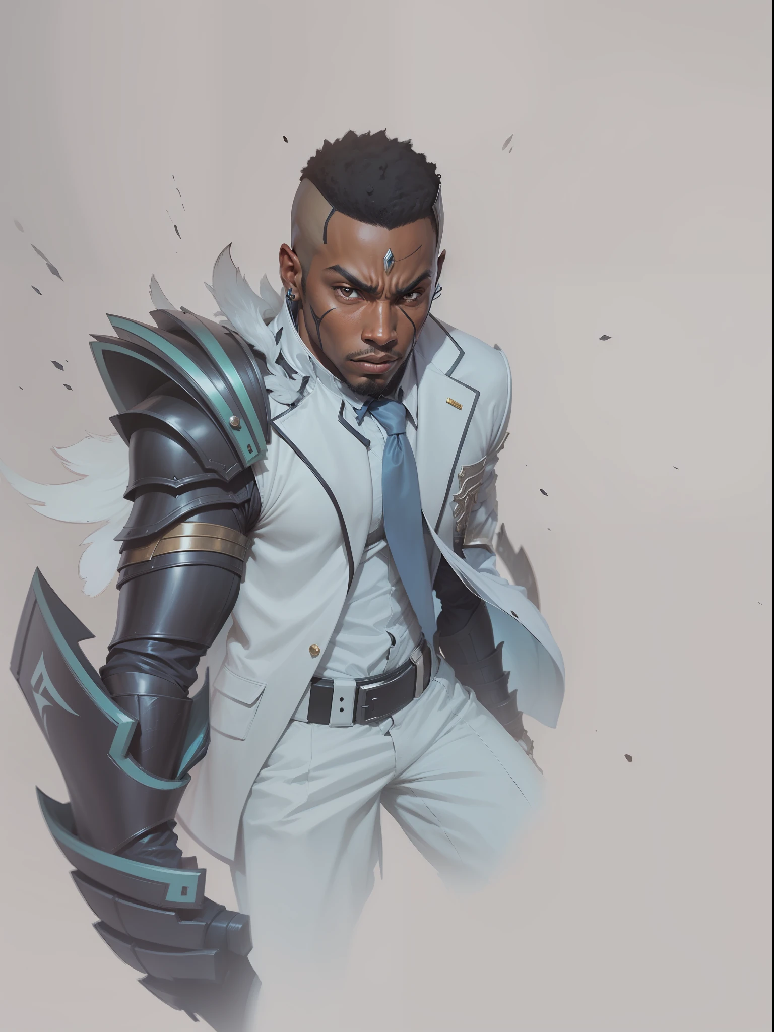 Black comic book character with divine armor on his arm, has a very expressive face