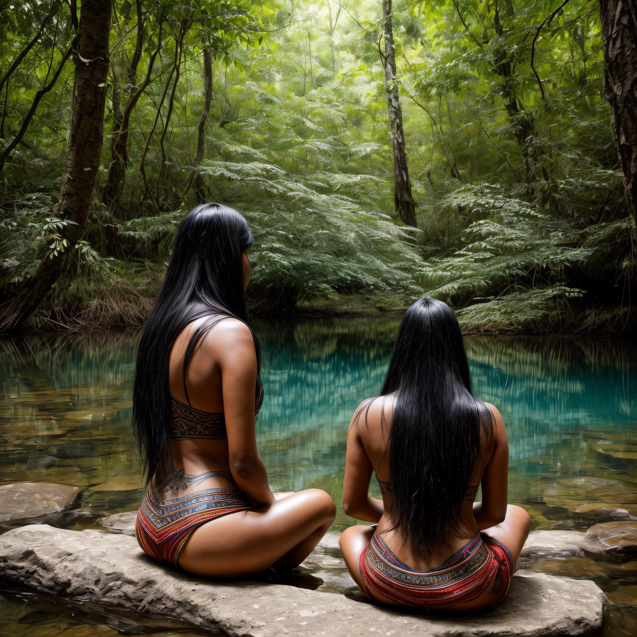 Sitting in contemplation by a crystal clear lagoon, an Indian woman with long black hair displays tribal tattoos that draw a symbolic map of her cultural identity. The surrounding nature seems to respond to her presence by enveloping her with a mystical energy. Its tranquil and deep expression conveys a spiritual connection to the forest and its ancient traditions.