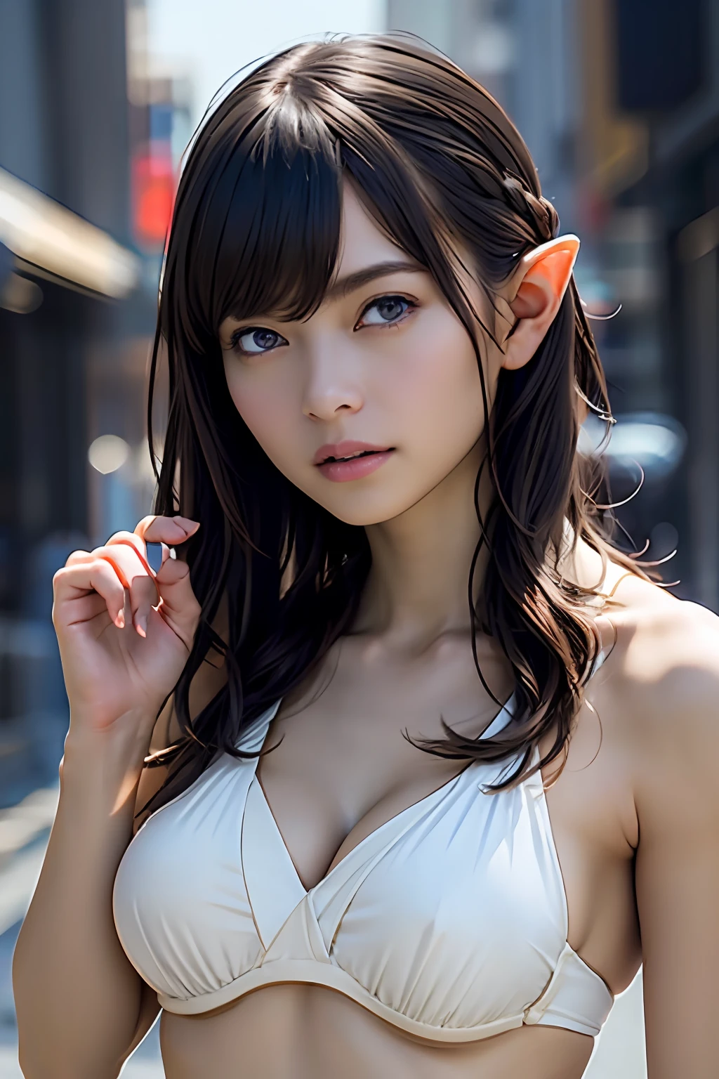 Ultra-detailed complex 3D rendering of the face, (Colossal: 7.8), (masterpiece, top quality, octane rendering, 8K), glamour shot full body image, very beautiful young elf, cleavage, (very detailed skin: 1.2), (exposure: 1.1), brown hair, (skewed silvery micro bikini, : 1.5)), one beautiful Caucasian woman, with full soft breasts and dark skin with big buttocks, Long braided hair, big breasts, dynamic angles, mystical expressions, ultra-realistic photos, ((((portrait))), bare feet, futuristic urban background, facial muscles, detailed and beautiful queen gold crown, in the style of Marvel Comics, ArtStation trends, clear focus, studio photography, intricate details, very detailed, detailed red eyes, very detailed, Sharp Focus, Digital Rendering, Professional, Abs, Dark Grey Background, ((((Sexy Pose))), Glossy Skin,