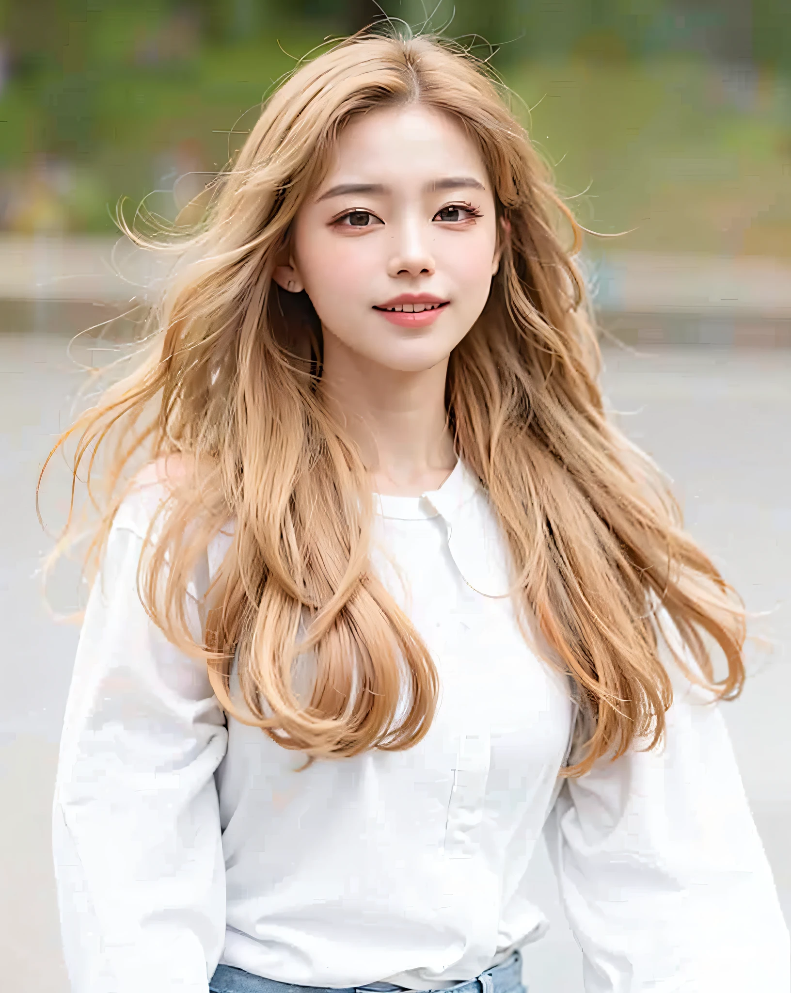 a woman with long hair and a white shirt is posing for a picture, tzuyu from twice, portrait of jossi of blackpink, roseanne park of blackpink, jossi of blackpink, lalisa manobal, portrait of female korean idol, soft hair, park ji-min, light brown long wavy hair, cute korean actress, beautiful south korean woman