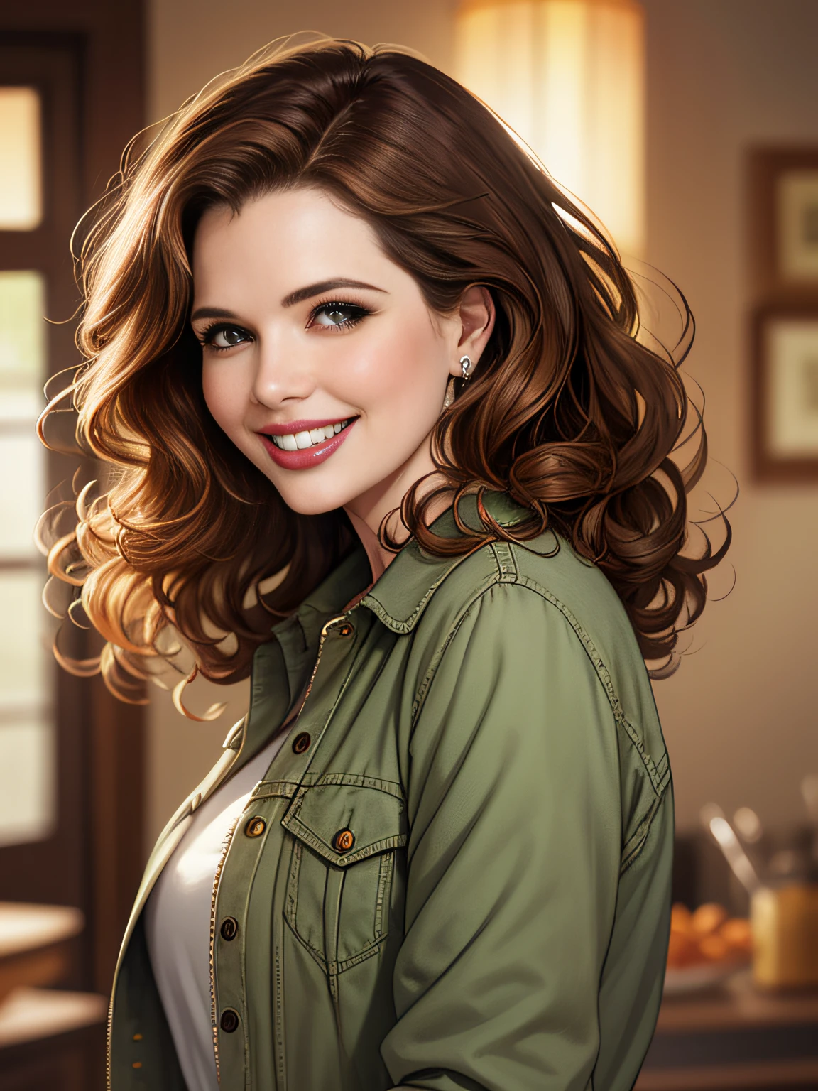 (Geena Davis), (light and perfect smile: 1.5), (perfect teeth, original: 1.5), (well-defined eyes, original), only the face, (best quality: 1.5), curly brown hair.