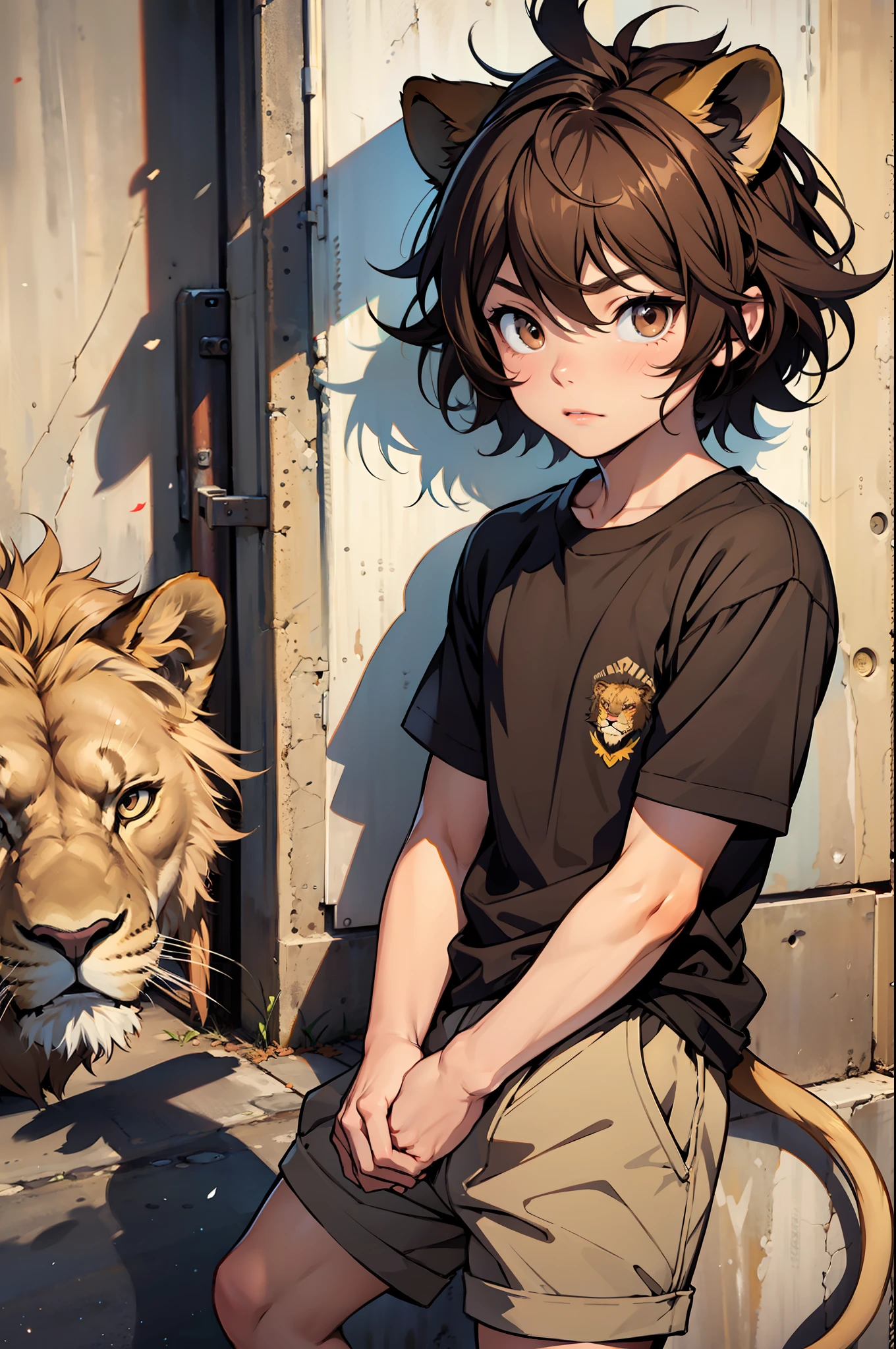 A little boy, brown hair, bright brown eyes, brown shirt and shorts, small lion ears and lion tail