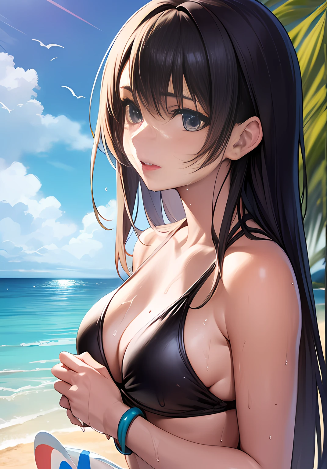 Anime girl in black bikini and frisbee in hand, swimsuit, fleet collection style, monokini, wearing swimsuit (anime girl), marine Kitagawa fan art, realistic bikini, on the beach, bikini. Hell background. Goa on the beach, swimsuit, beautiful attractive anime woman, wet swimsuit