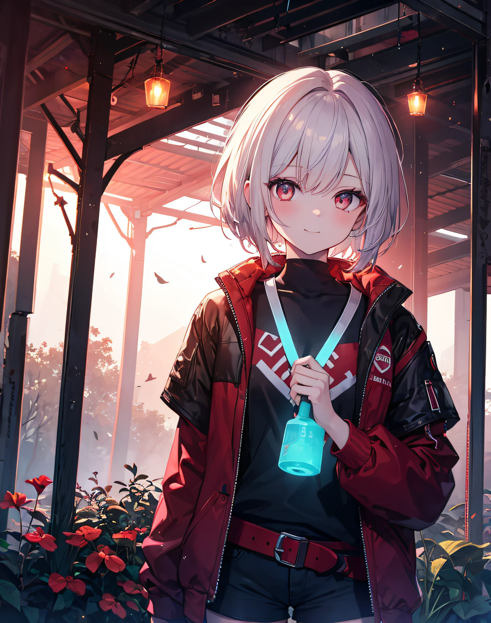 (masterpiece, best quality), a girl, solo, chic modern placid farm girl clothes, feminine demeanor,short shorts, overlooking farm ,outdoor,scenery smile, cyberpunk farm, , lightrays, buttdarkness, dark , luminous, glowing skin, bioluminescence, luminesce, partical, bioluminescent plants, glowing red forest, red blood moon, upper body,