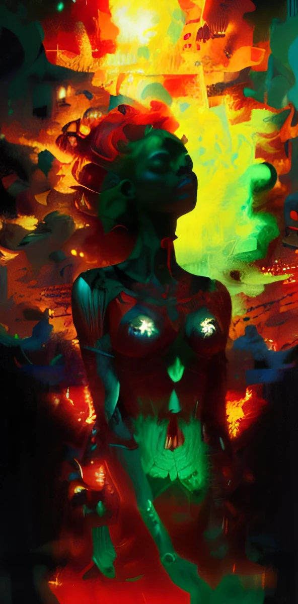 arafed woman with a black body and a blue dress with a red flame in her hair, dan mumford tom bagshaw, intricate body, intricate digital painting, stunning digital illustration, beautiful biomechanical djinn, woman made of black flames, tomasz alen kopera and cgsociety, digital painting | intricate, detailed fantasy digital art