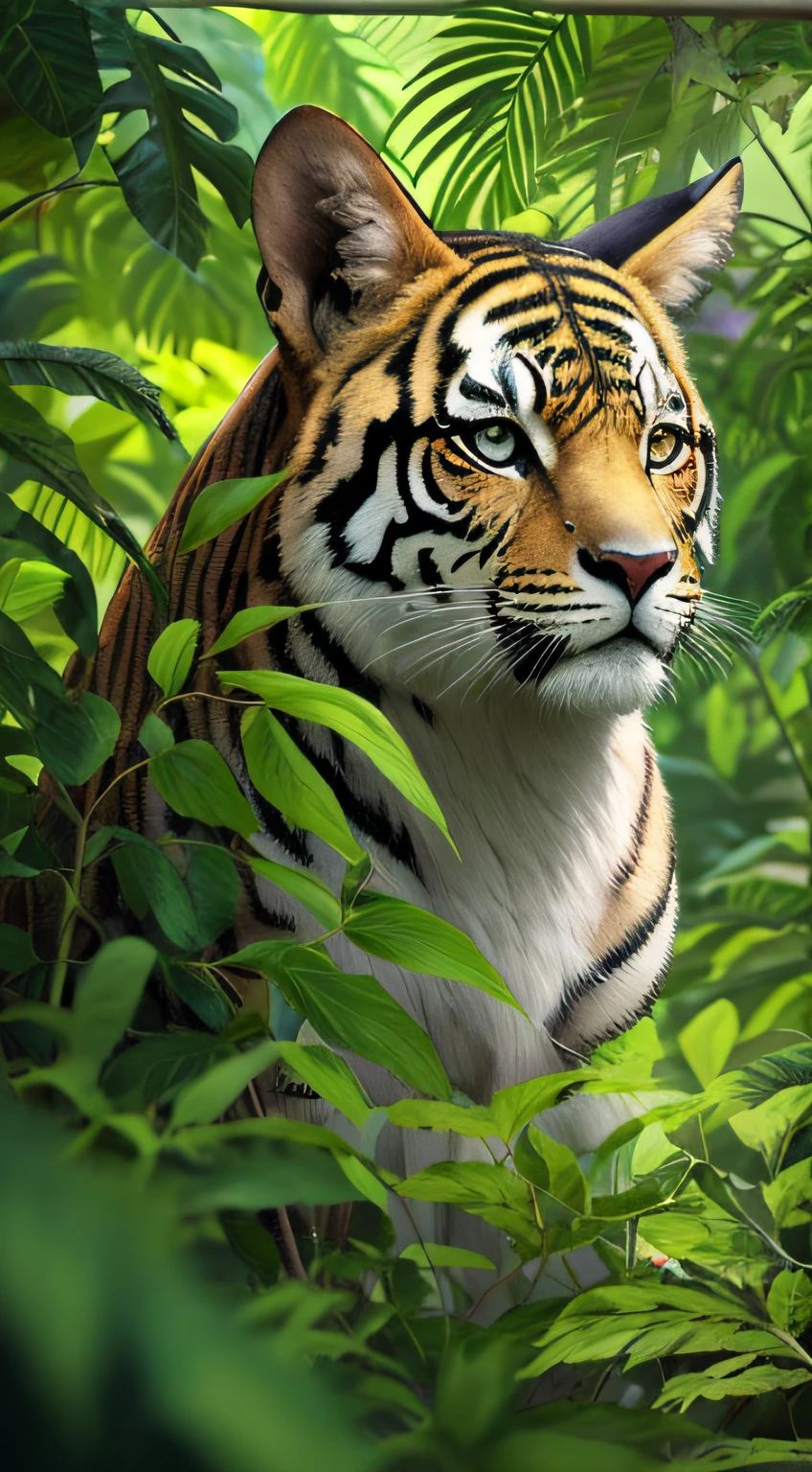 masterpiece, a dense foliage, realistic jungle environment, wildlife, filtering lights, realistic, with dreamshaper art.