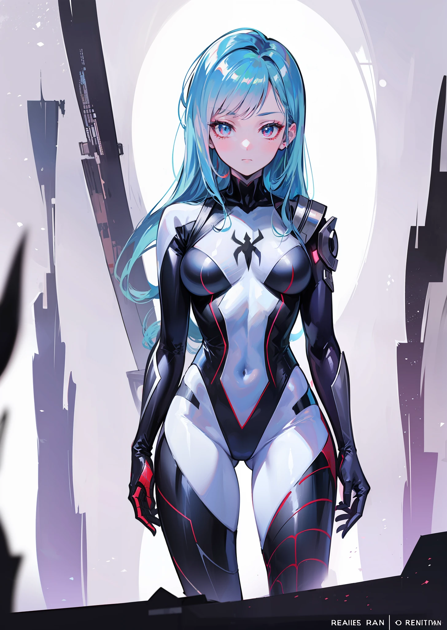 Spider woman uniform, spider man uniform, spider-gwen uniform, uniform with blue details, red+black+white uniform, cyberpunk, superhero