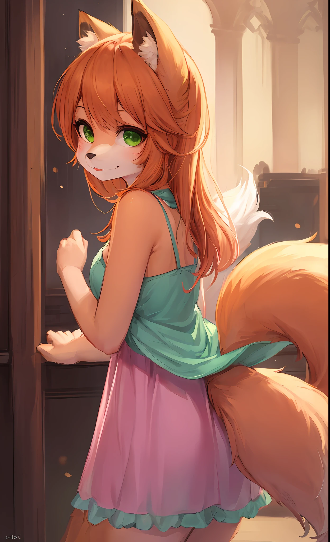 1 girl, solo, furry, fox, cute face, ambient light, ultra detailed fur, volumetric light, orange hair, green eyes, wearing mini pink dress, cute tail in background