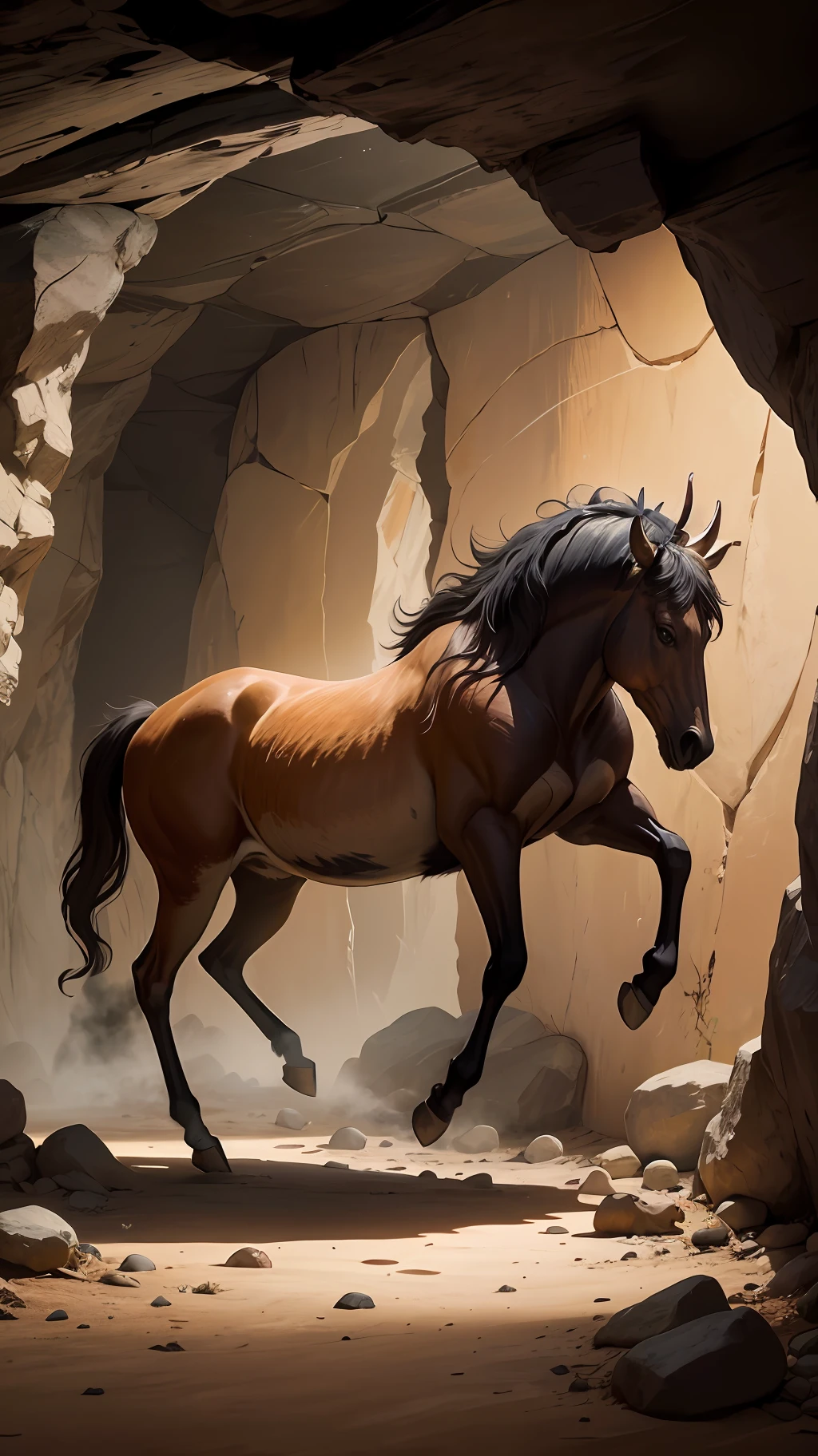 Description: The image shows a cave painting on the walls of a prehistoric cave. Animals such as bison, horses and deer are depicted, drawn with natural paints. The figures appear to be in motion, depicting a hunting scene. This image evidences the artistic expression of primitive peoples, providing a fascinating insight into their daily lives and their relationship with nature. --auto