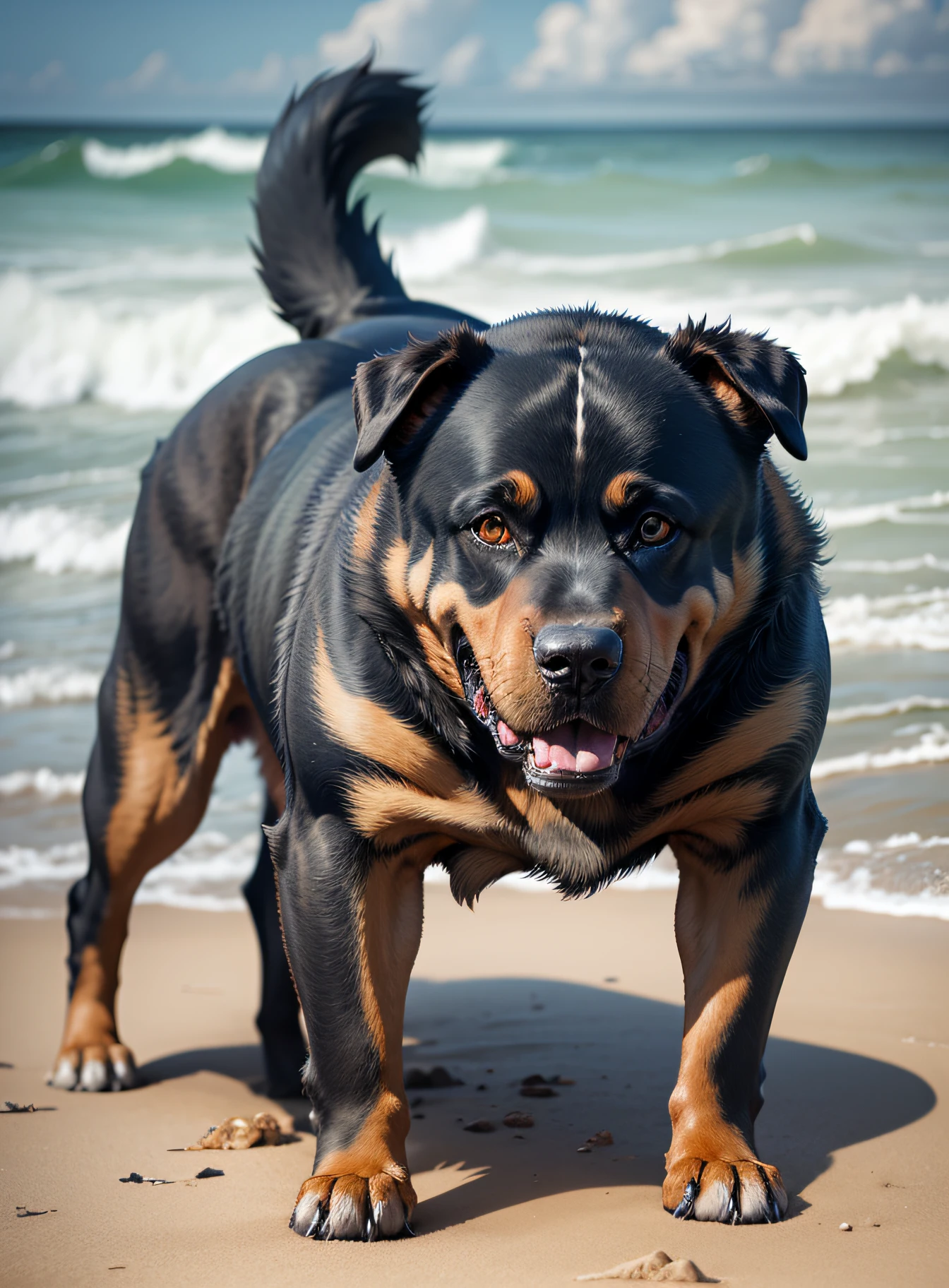 A fierce rottweiler, bad boy style, on a beach, realistic, real texture --auto --s2