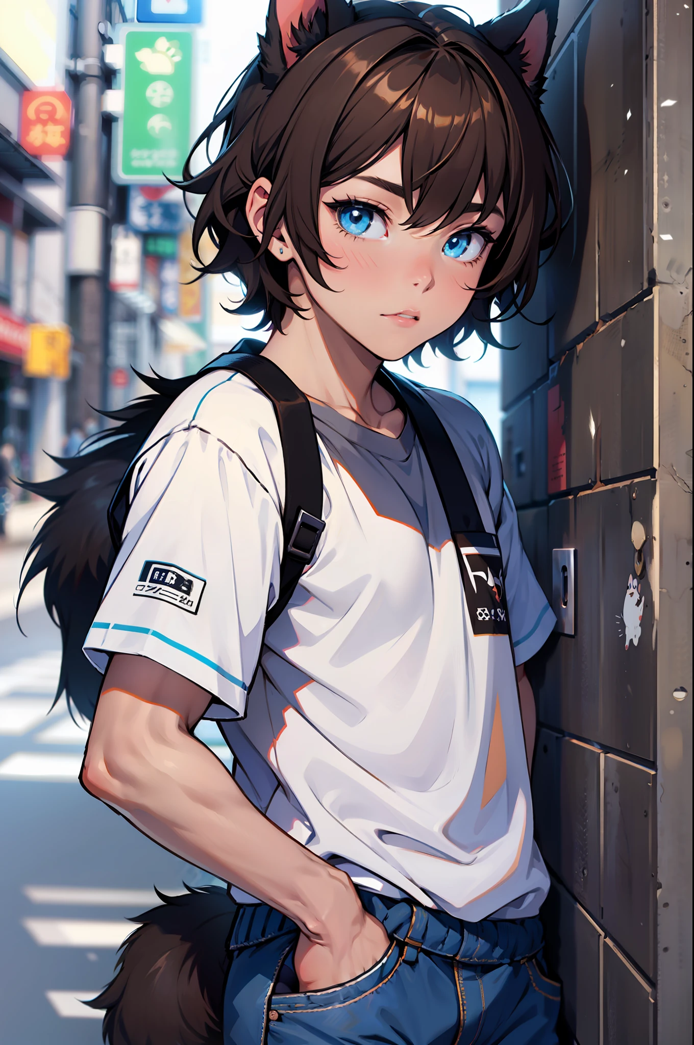 A child, dog boy, brown hair, bright blue eyes, white shirt and shorts, puppy ears and puppy tail