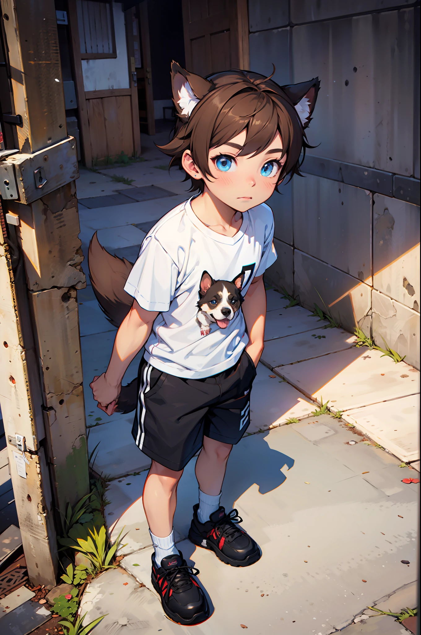 A child, dog boy, brown hair, bright blue eyes, white shirt and shorts, puppy ears and puppy tail