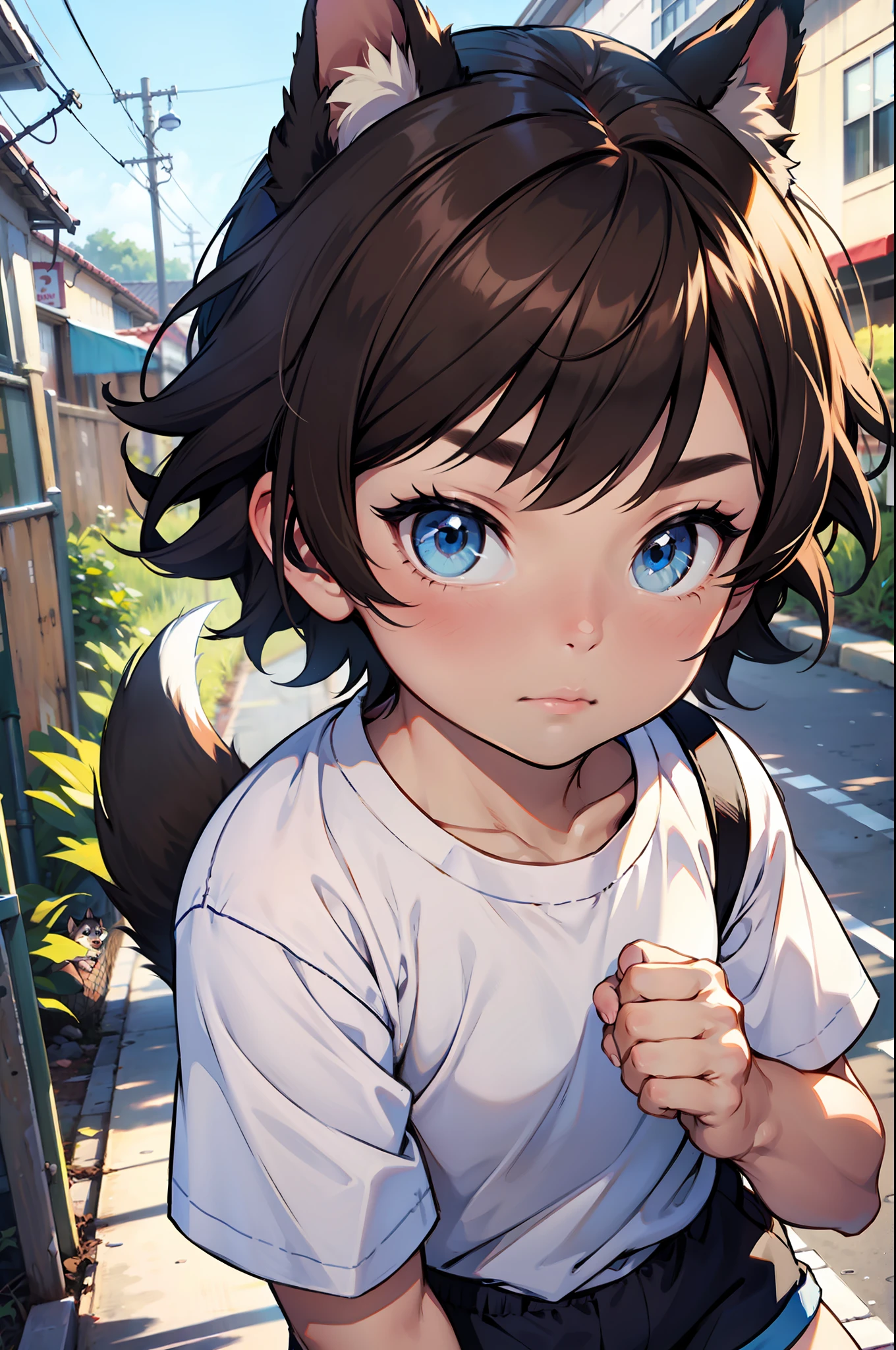 A child, dog boy, brown hair, bright blue eyes, white shirt and shorts, puppy ears and puppy tail