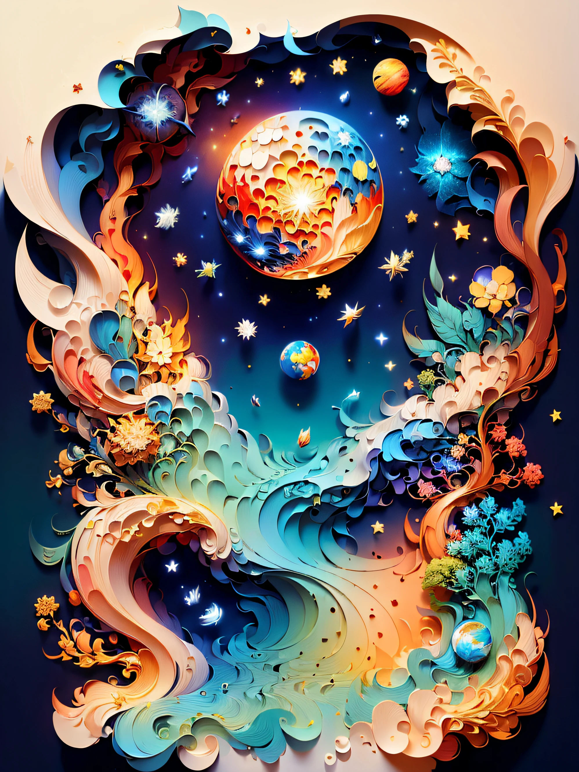 ((((Masterpiece))), Best Quality, Illustration, Earth, Universe, Water, Fire, Wind, Space, paper_cut,