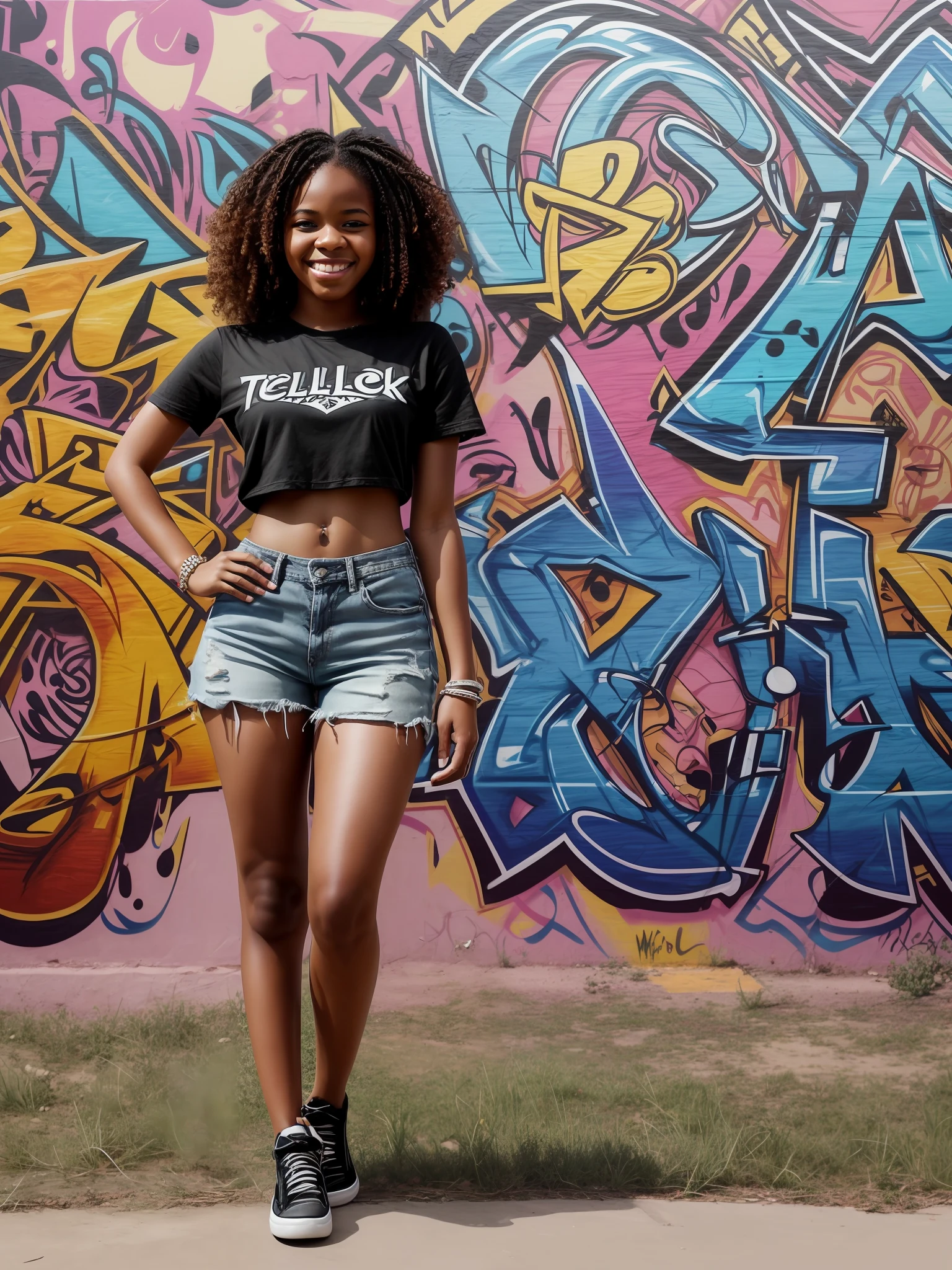 Full body drawing of a 15-year-old black girl in a curly bun, wearing a rock band shirt and jean shorts. The girl is standing, confident, with her hands on her hips and a mischievous smile on her face. Her curly hair is combed into a messy bun, with loose strands framing her face. The rock band's shirt is slightly oversized and tied at the waist, displaying its midriff. The jean shorts are shredded into the hem and fit perfectly into it. The background is a mix of urban and natural elements, with graffiti on the wall behind it and some trees in the distance. The mood is one of rebellion and trust. Designed with a Wacom Cintiq Pro 24, using Adobe Illustrator and Photoshop. The techniques used include a mix of hand-drawn and digital techniques to create a unique style.