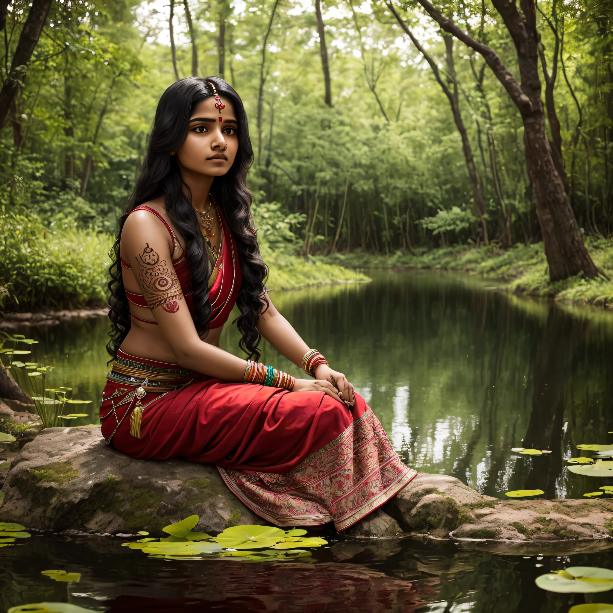 A young Indian woman with long wavy hair finds herself in a moment of communion with nature. Sitting near a gleaming pond in the middle of an open forest, her tribal tattoos add an artistic and meaningful touch to her appearance. The tranquil atmosphere and balance between the woman and her environment underscore the harmony between Indian culture and the natural world --auto