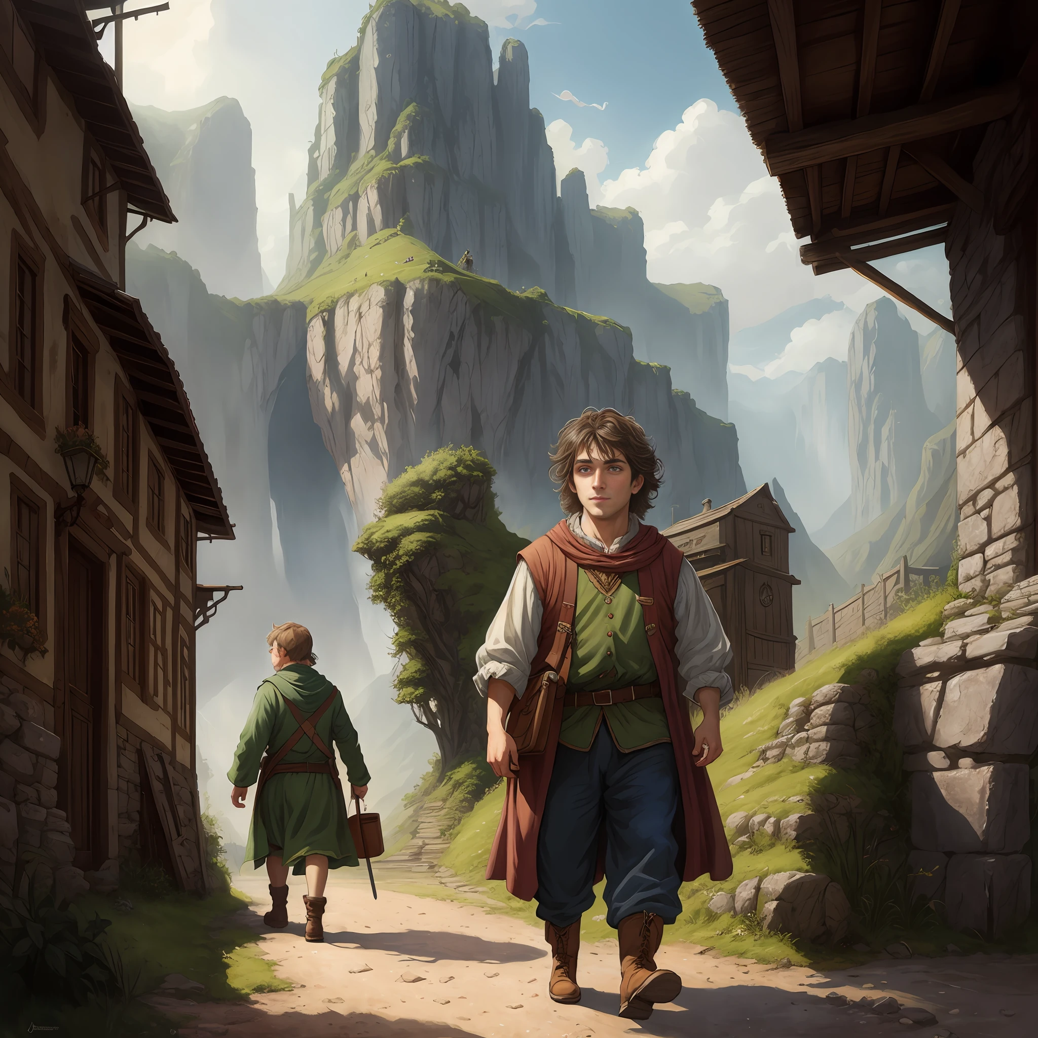 there are two men walking down a path in a village, james gurney and andreas rocha, tolkien and michael komarck, andreas rocha and john howe, fantasy rpg book illustration, childrens art in artstation, medieval fantasy game art, d & d fantasy digital painting, the hobbit art, wlop and ross thran, d & d fantasy digital art