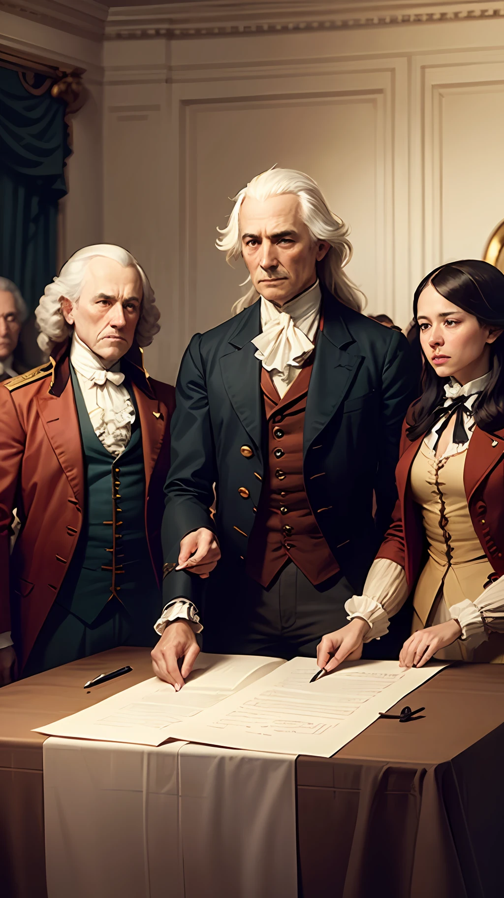 The image depicts the signing of the United States Declaration of Independence in 1776. A group of revolutionary leaders is gathered in a room, with a document on the table. They are dressed in period clothes and express seriousness and determination. This image symbolizes the historical moment when the American colonies proclaimed their independence from Britain, laying the foundations of the American nation. --auto