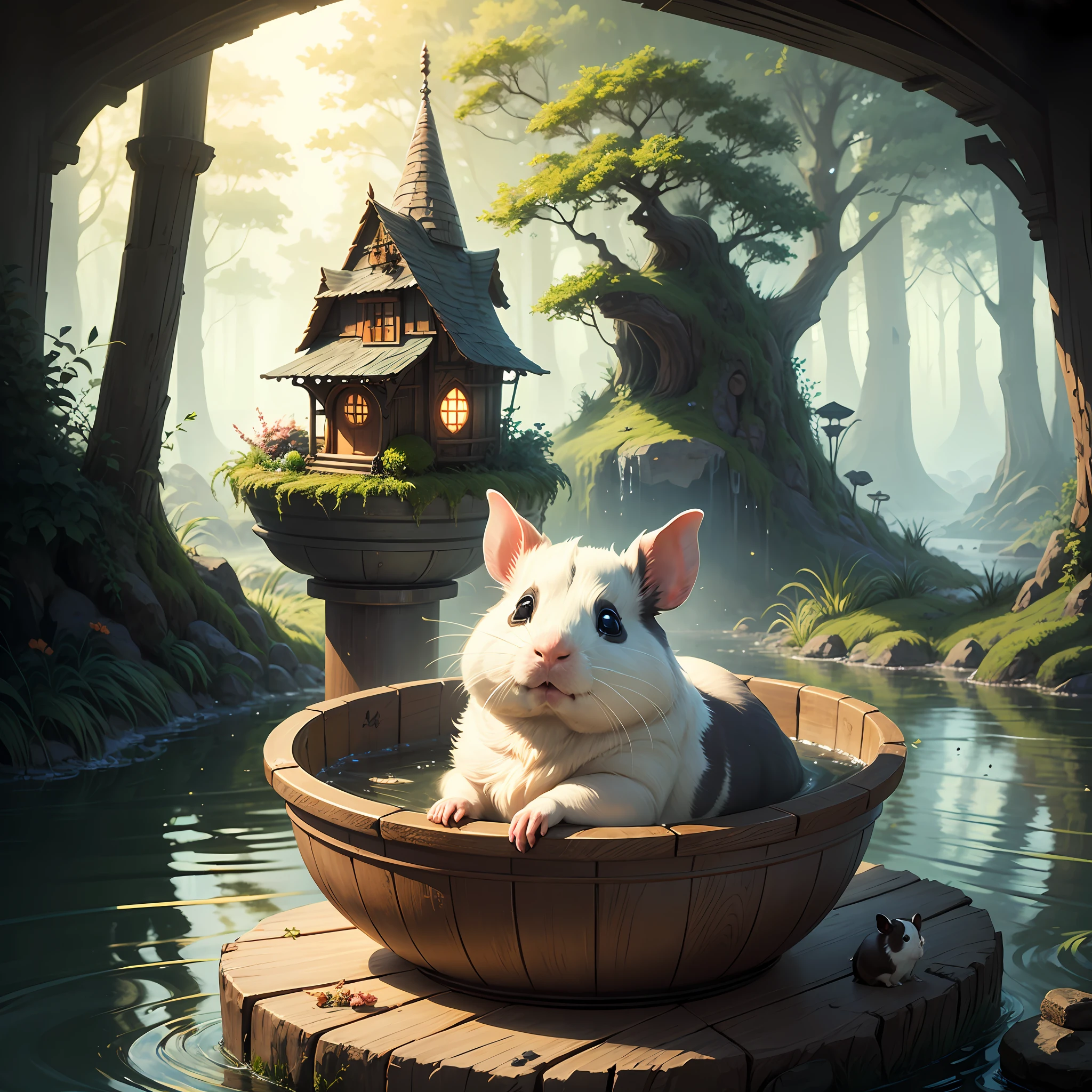 Enchanted witch, guinea pig, lying in a bowl of water, high quality, fairy tale, fantasy, masterpiece --auto