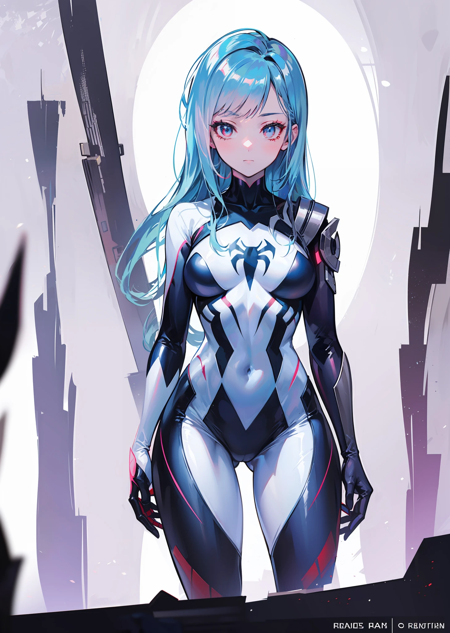 Spider woman uniform, spider man uniform, spider-gwen uniform, uniform with blue details, red uniform, red+black+white uniform, cyberpunk, superhero