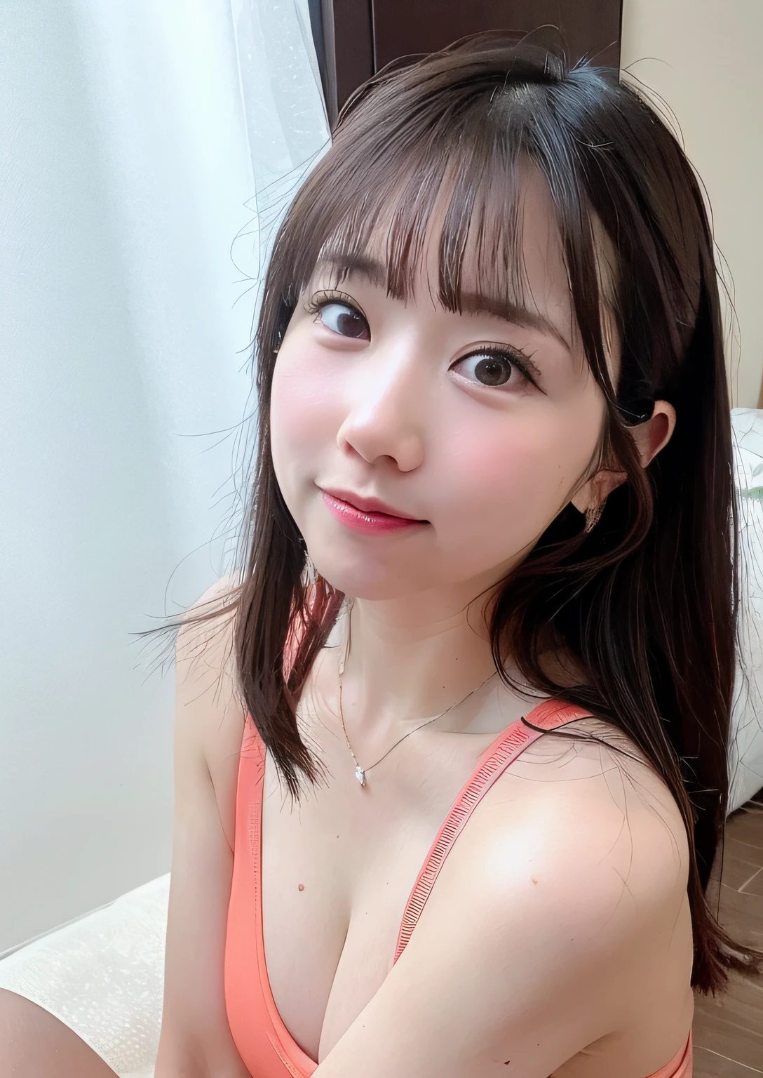 iu1, (8k, best quality, masterpiece:1.2), (real, photorealistic:1.37), ultra detailed, one girl,cute,solo,midnight,beautiful detailed sky,detailed hotel, sitting, dating, viewer view, blush, shy, small breasts, ,floating hair,, earrings,necklace,shot with Nikon d850, nikon af-s nikkor Shot with 58mm f/1.4G lens