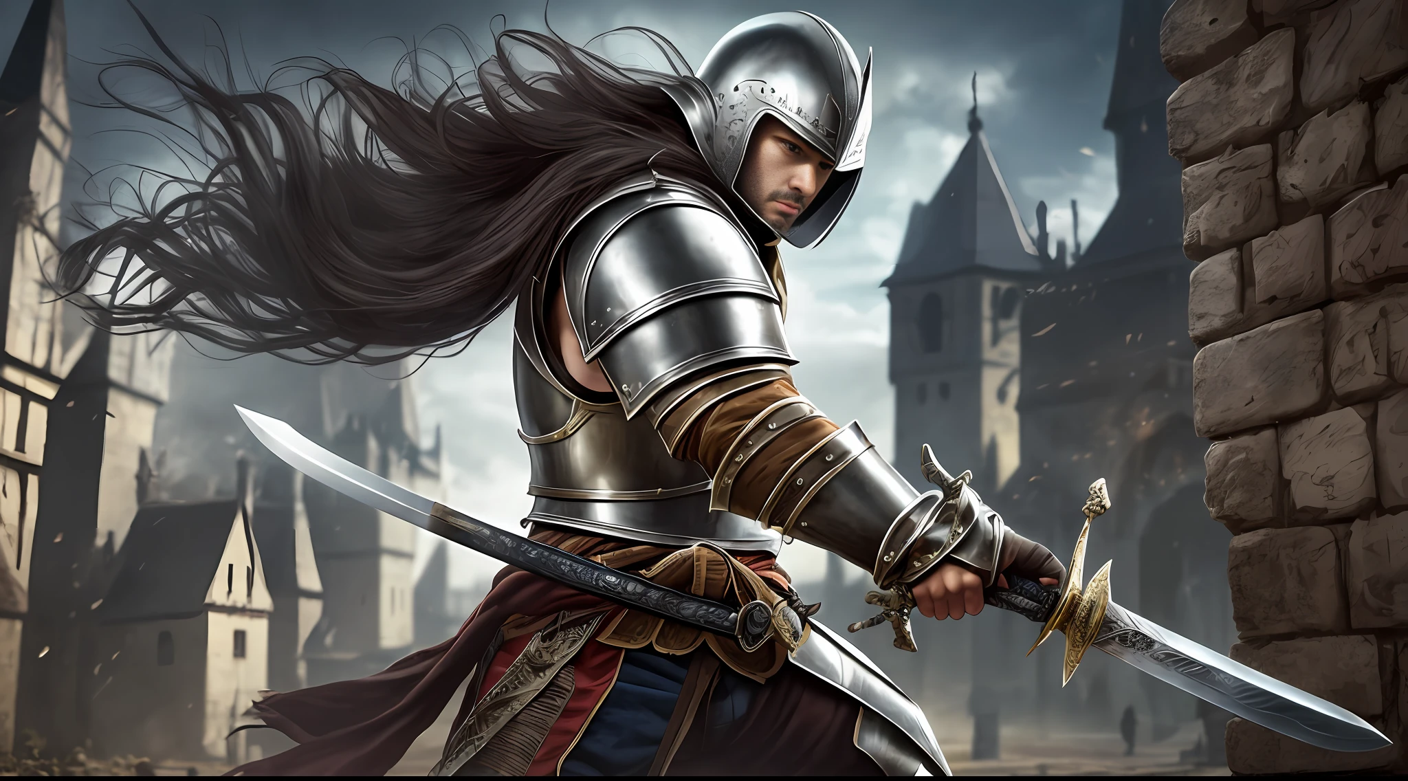 medieval warrior training with his sword, black hair, long hair, silver armor, medieval stage, high quality, realistic photo --auto --s2