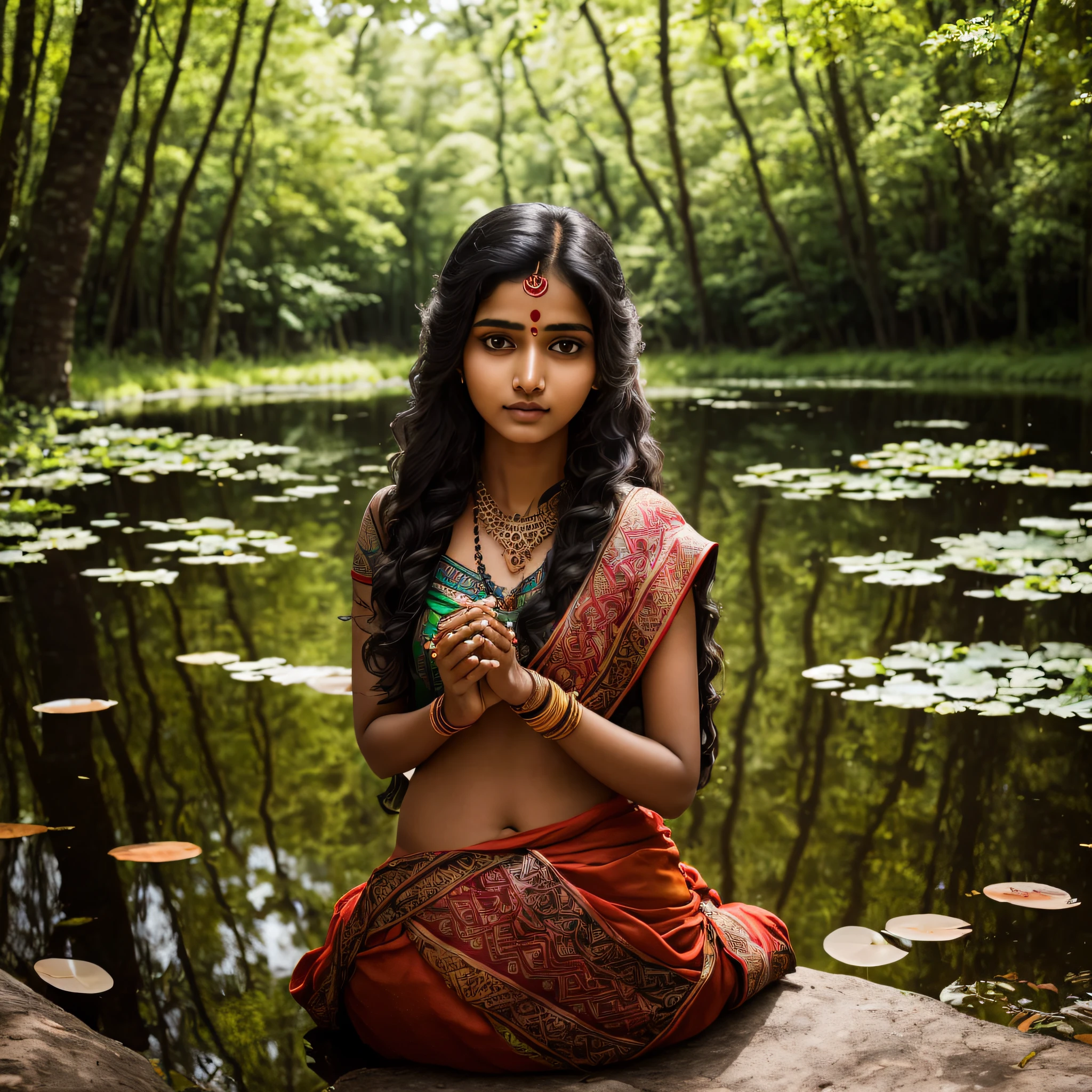 A young Indian woman with long wavy hair finds herself in a moment of communion with nature. Sitting near a gleaming pond in the middle of an open forest, her tribal tattoos add an artistic and meaningful touch to her appearance. The tranquil atmosphere and balance between the woman and her environment underscore the harmony between Indian culture and the natural world