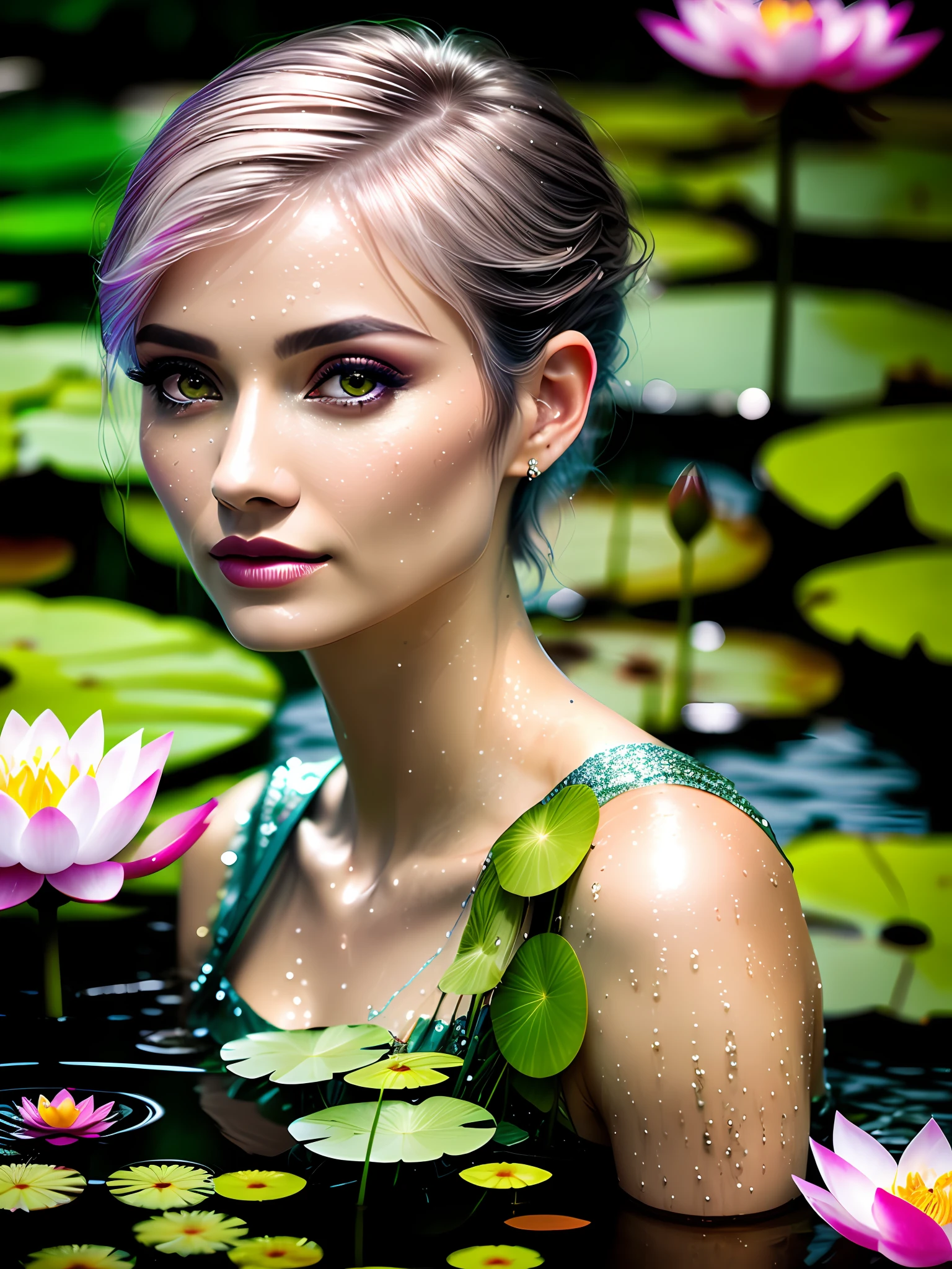 beautiful pixie woman emerging from a pond, detailed+ eyes, wet hair, beautiful feminine face, lotus flowers, lily pads, wet, dripping, masterpiece, best quality, high contrast, soft lighting, backlighting, bloom, light sparkles, chromatic aberration, smooth, sharp focus