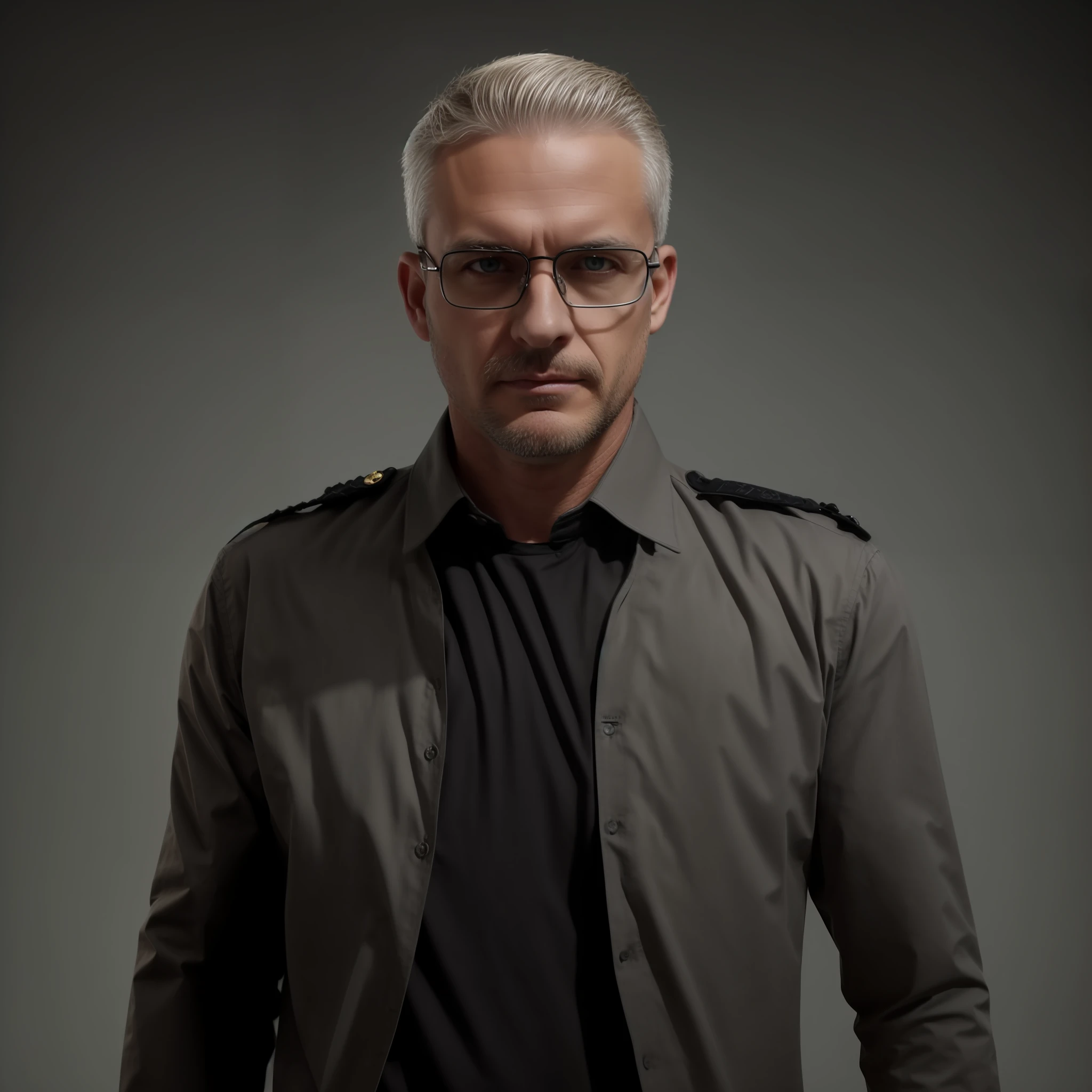 Middle-aged full body photo, from cargo to screen, looking straight ahead, gray-blond hair, military-style hairstyle, light brown eyes, wearing a black shirt, confident posture, elegant light.
