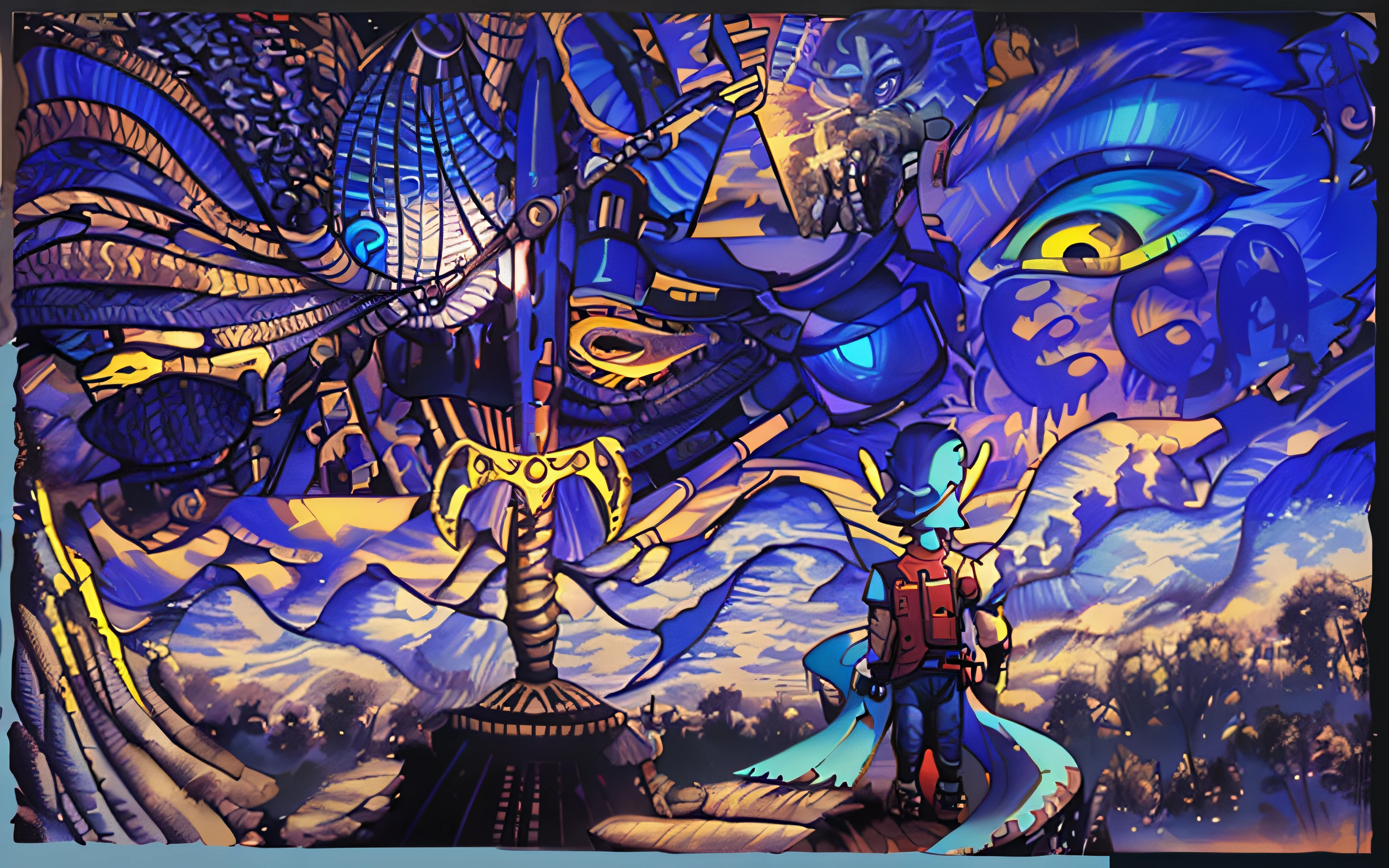 (((Color image with complementary colors))), in high quality, high resolution comic book quality, dark and cinematic colors, extreme contour quality, high definition, well-defined outlines ((((no distortions)))).