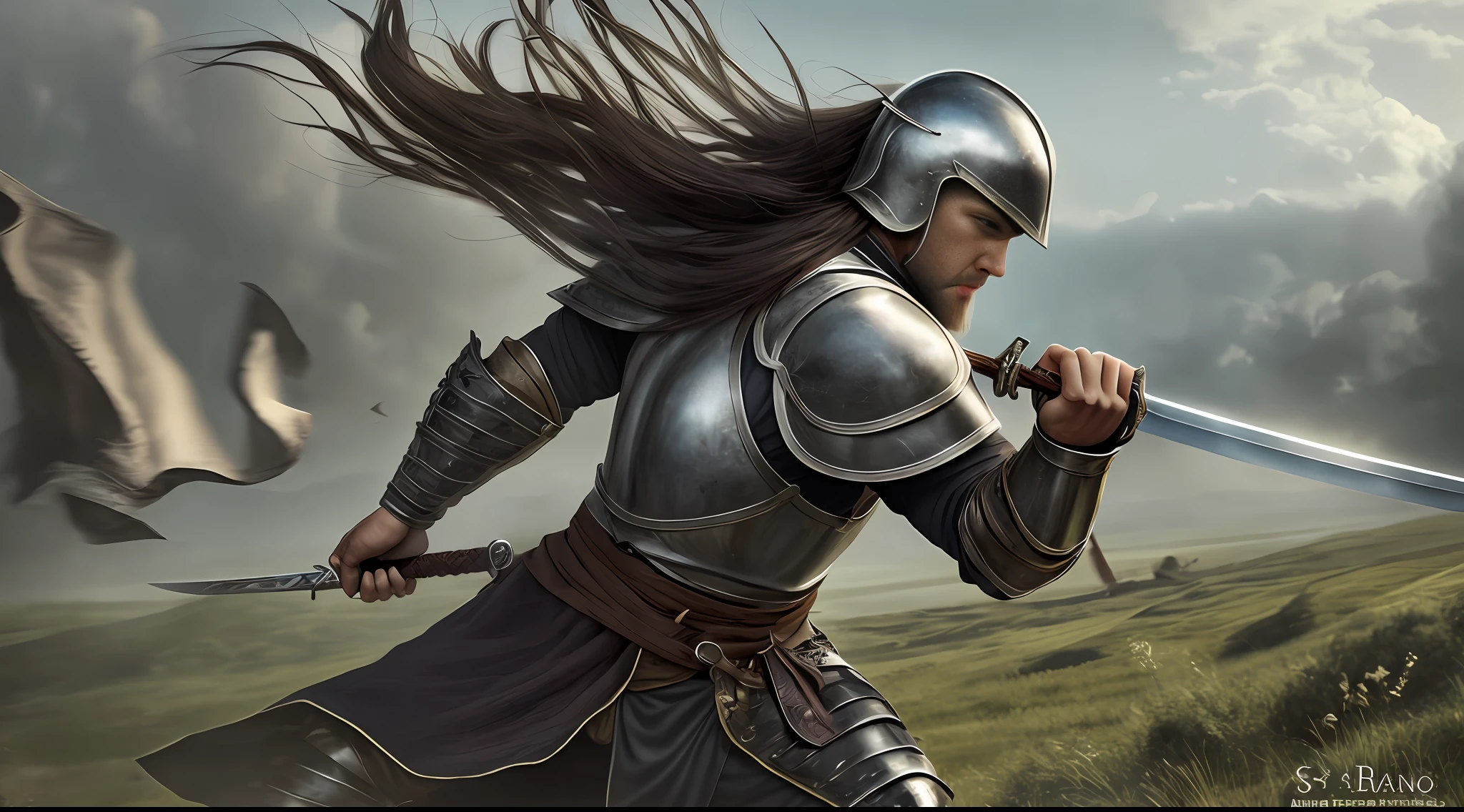 medieval warrior training with his sword, black hair, long hair, silver armor, medieval stage, high quality, realistic photo --auto --s2