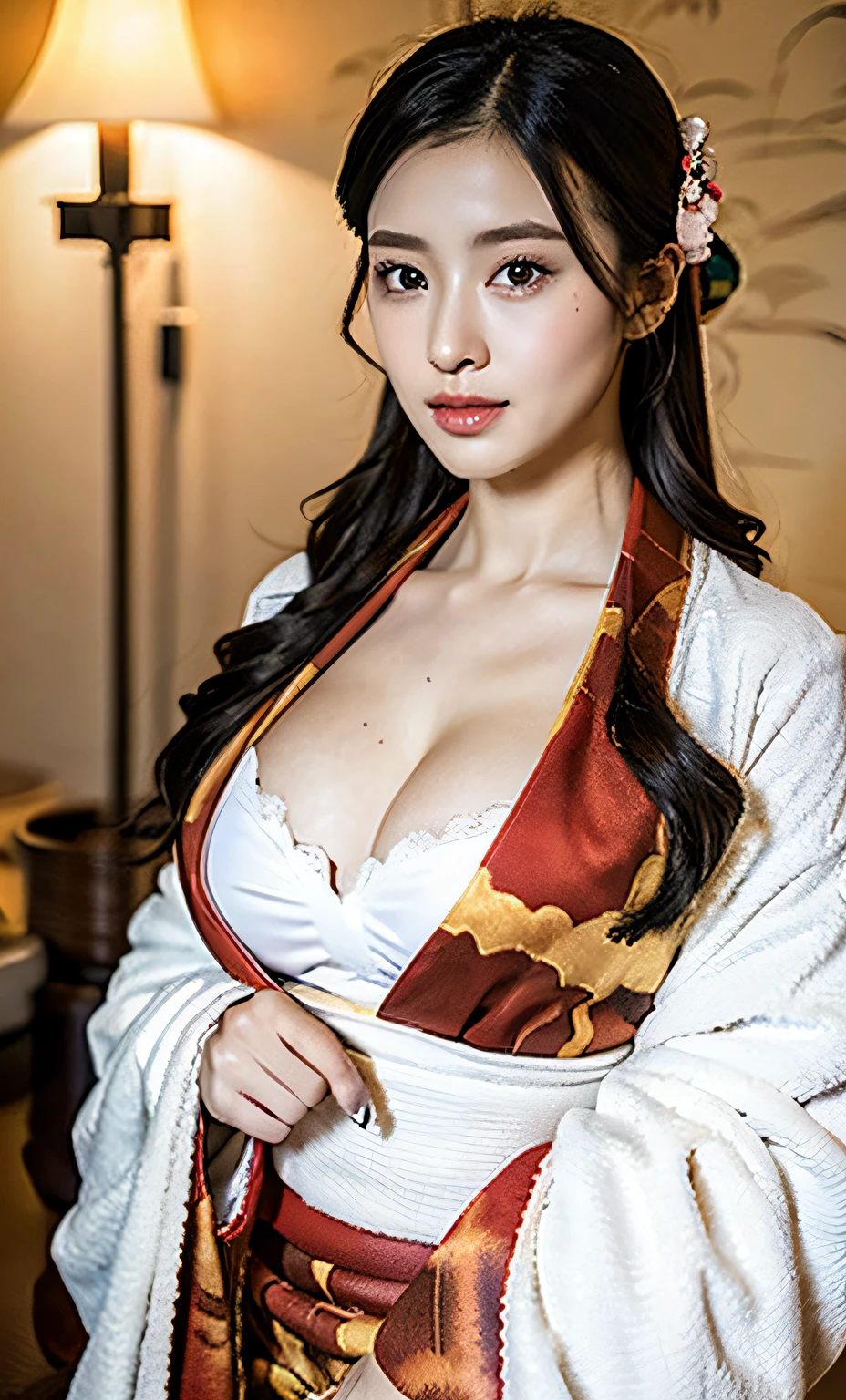 ulzzang-6500-v1.1, (Raw photo: 1.2), (Photorealistic: 1.4), beautiful detailed girl, very detailed eyes and face, beautiful detailed eyes, ridiculous, incredibly ridiculous, huge file size, super detailed, high resolution, very detailed, highest quality, masterpiece, (kimono), oiran illustration, highly detailed, cg, unification, 8k wallpaper, amazing, Fine details, masterpiece, top quality, highly detailed CG unified 8k wallpaper, face light, movie lighting, 1 girl, kimono, Japan, (wearing kimono), cleavage, (without panties), (dynamic pose), (kimono with Japanese pattern), (half)